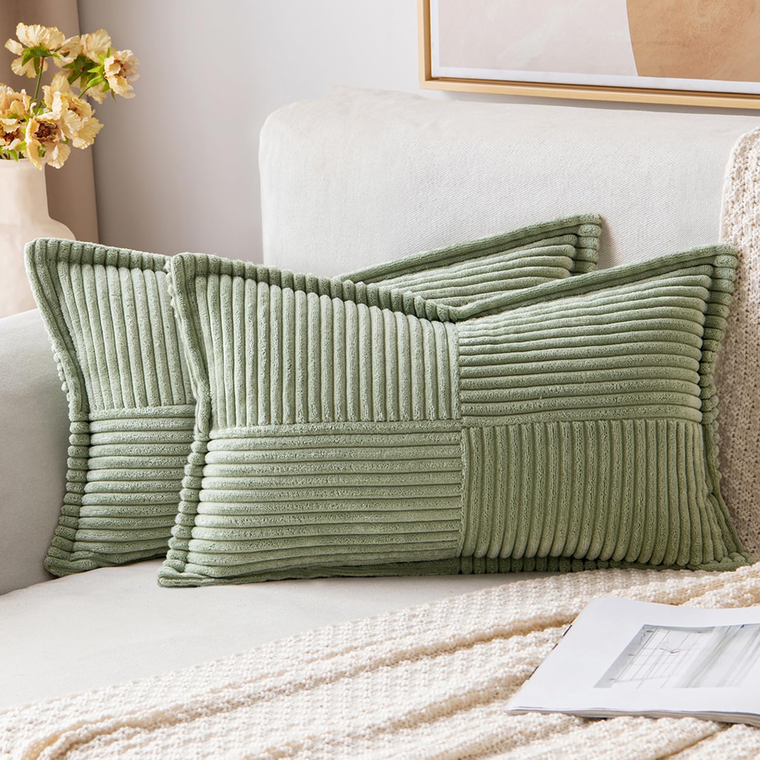 MIULEE Decorative Lumbar Throw Pillow Covers 12x20 Inch Sage Green 2 Pack | Boho Broadside Striped Patchwork Pillow Covers, Soft Corduroy Cushion Cases, For Couch Sofa Bed Livingroom Home Decor