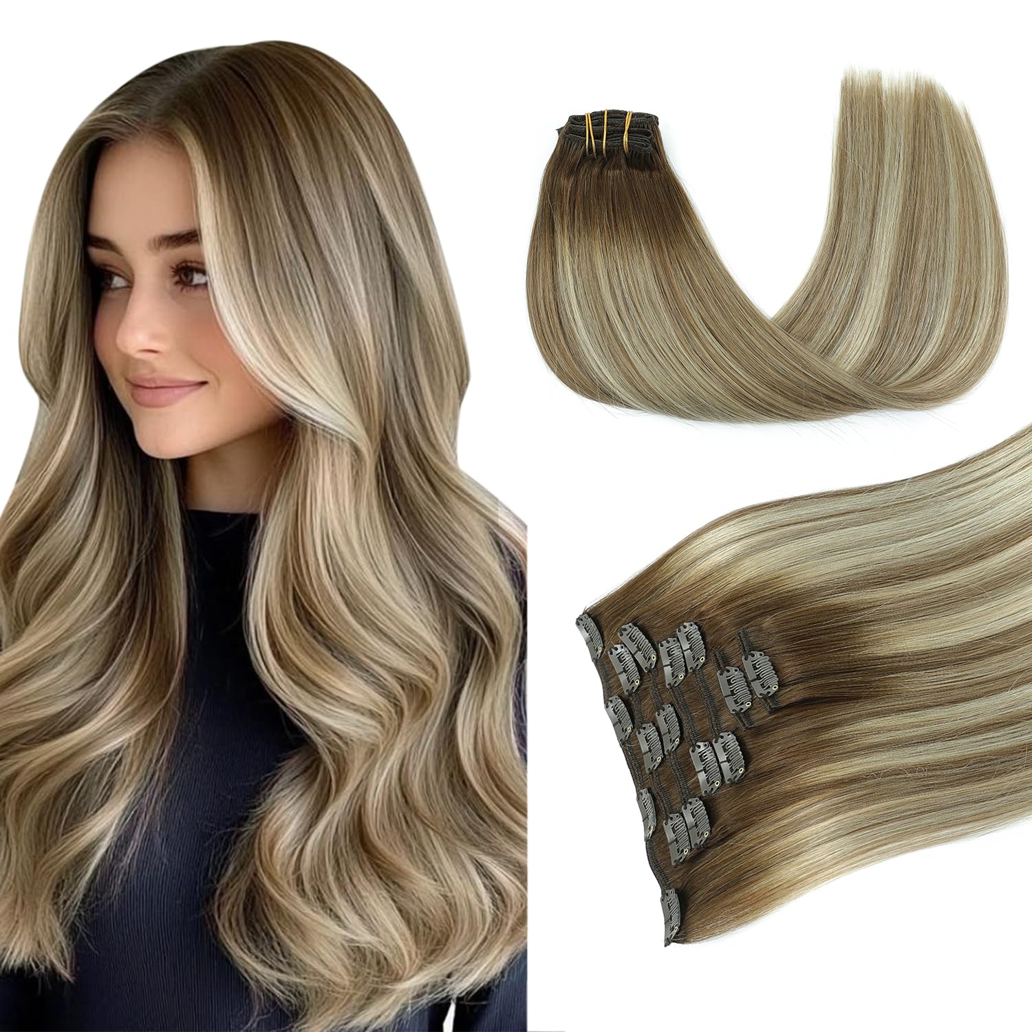 Pinkpearl Clip in Extensions Echthaar 40cm #3/8/22 Balayage Remy Natürlich