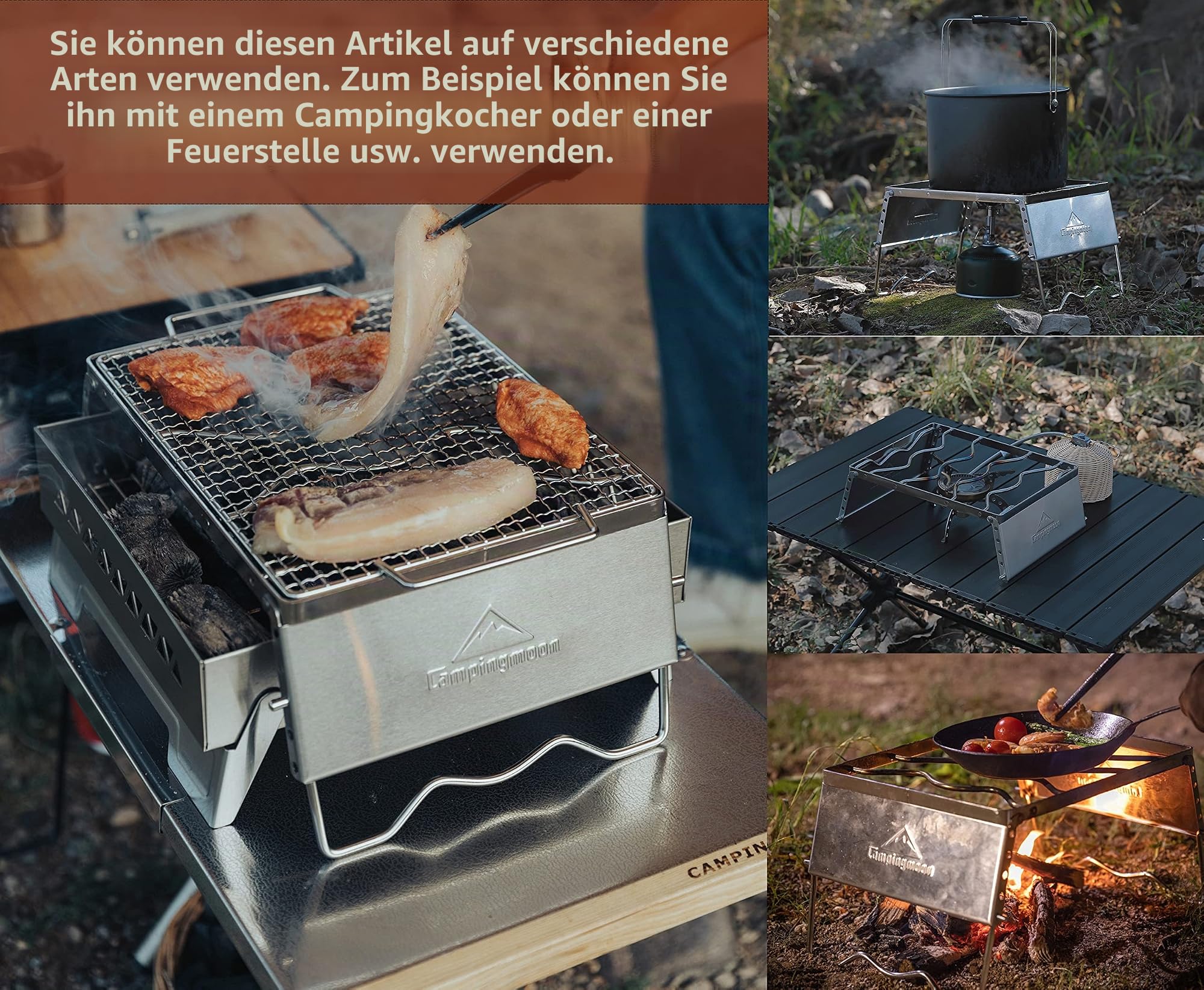 CAMPINGMOON Tragbarer Lagerfeuergrill aus 304 Edelstahl mit Grillgitter, Windschutzscheibenbeinen und Tragetasche MS -1018-SW