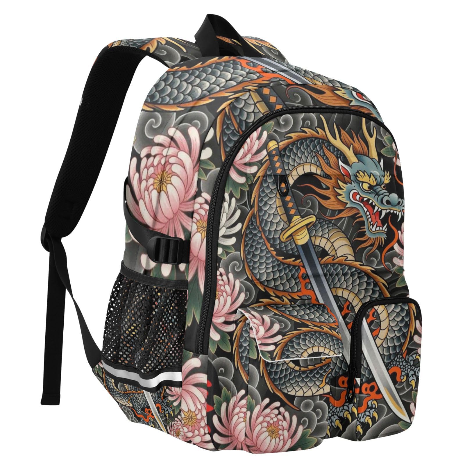 Grand sac à dos de voyage pour homme et fille Motif dragon et fleurs japonaises 44,5 cm