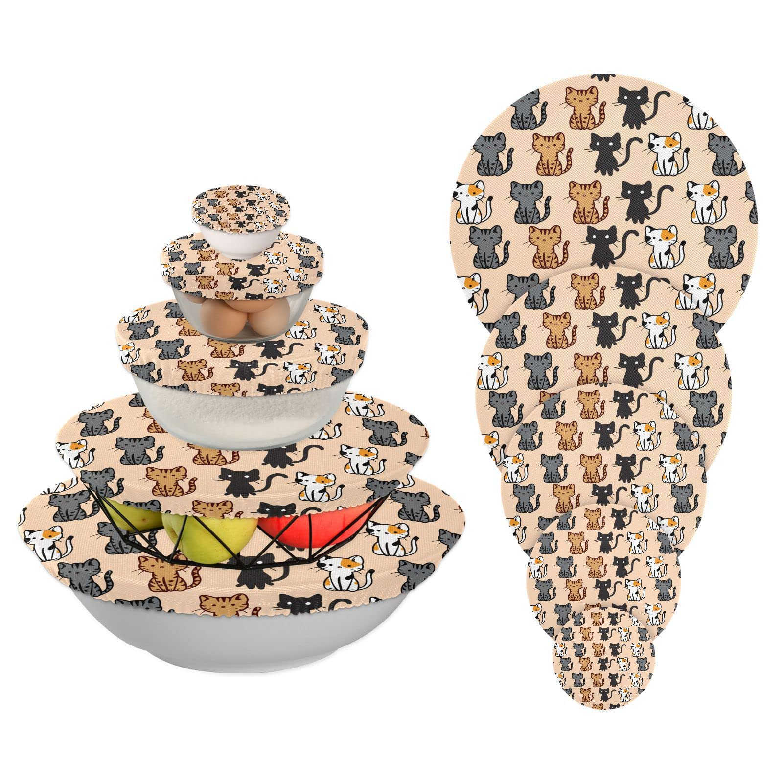 Animal Cats Bowl Covers Reusable 5 Pieces Cat Cloth Bowl Covers Food Bowl Covers Washable Elastic Food Storage Covers Cotton for Food Fruits Leftover