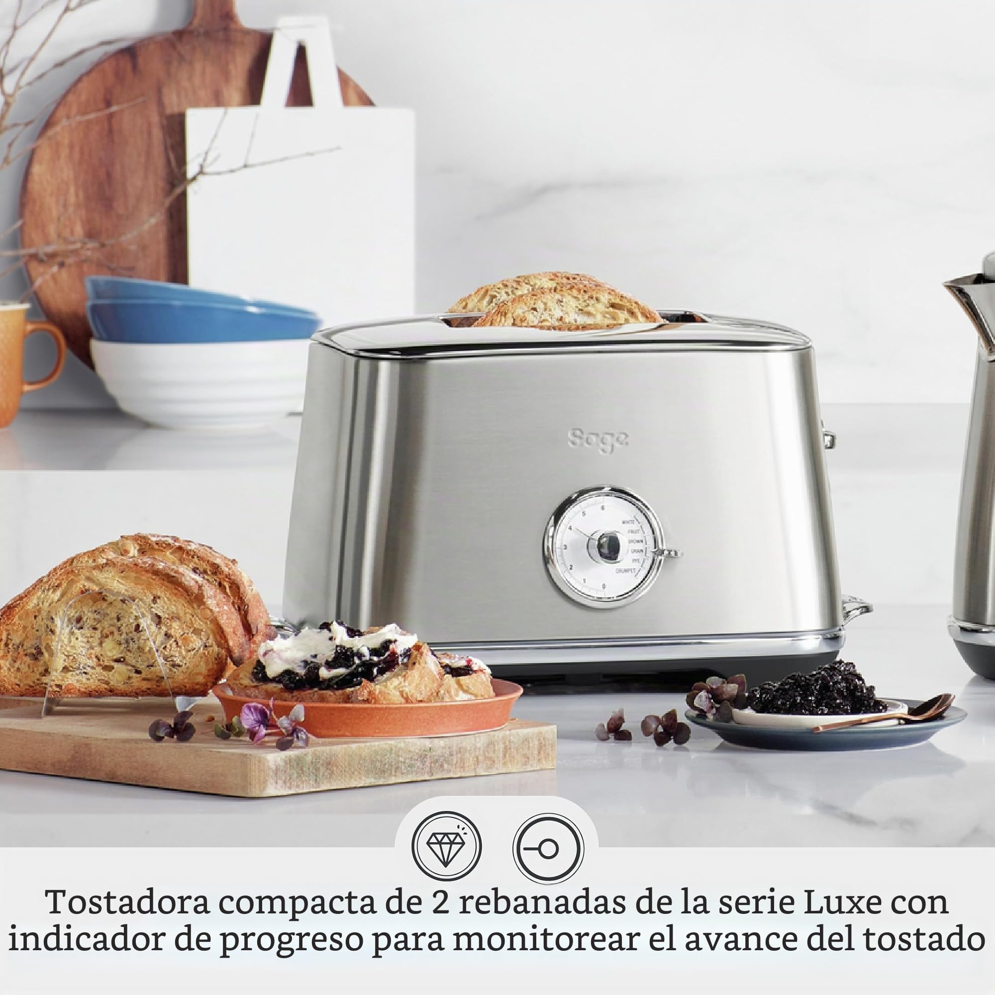 Sage Toast Select Luxe, Tostadora de 2 Rebanadas, Acero Inoxidable | 6 Tipos de Tostado Preestablecidos, Ranuras Anchas, Control Variable, Bandeja Recogemigas Frontal, Limpieza Fácil