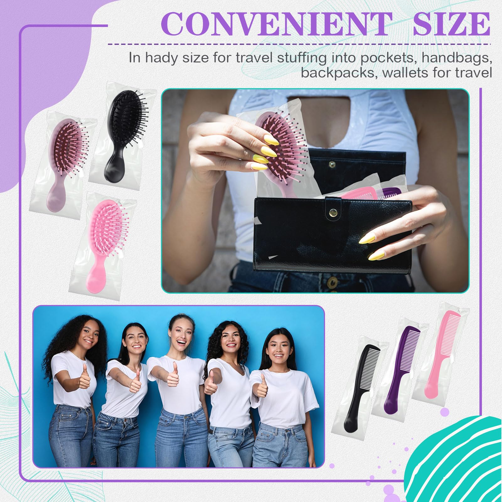 FillTouch Juego de 48 mini cepillos y peines para el cabello a granel para personas sin hogar envueltas individualmente, pelo rizado grueso, largo, alisador, cepillo desenredante para mujeres,
