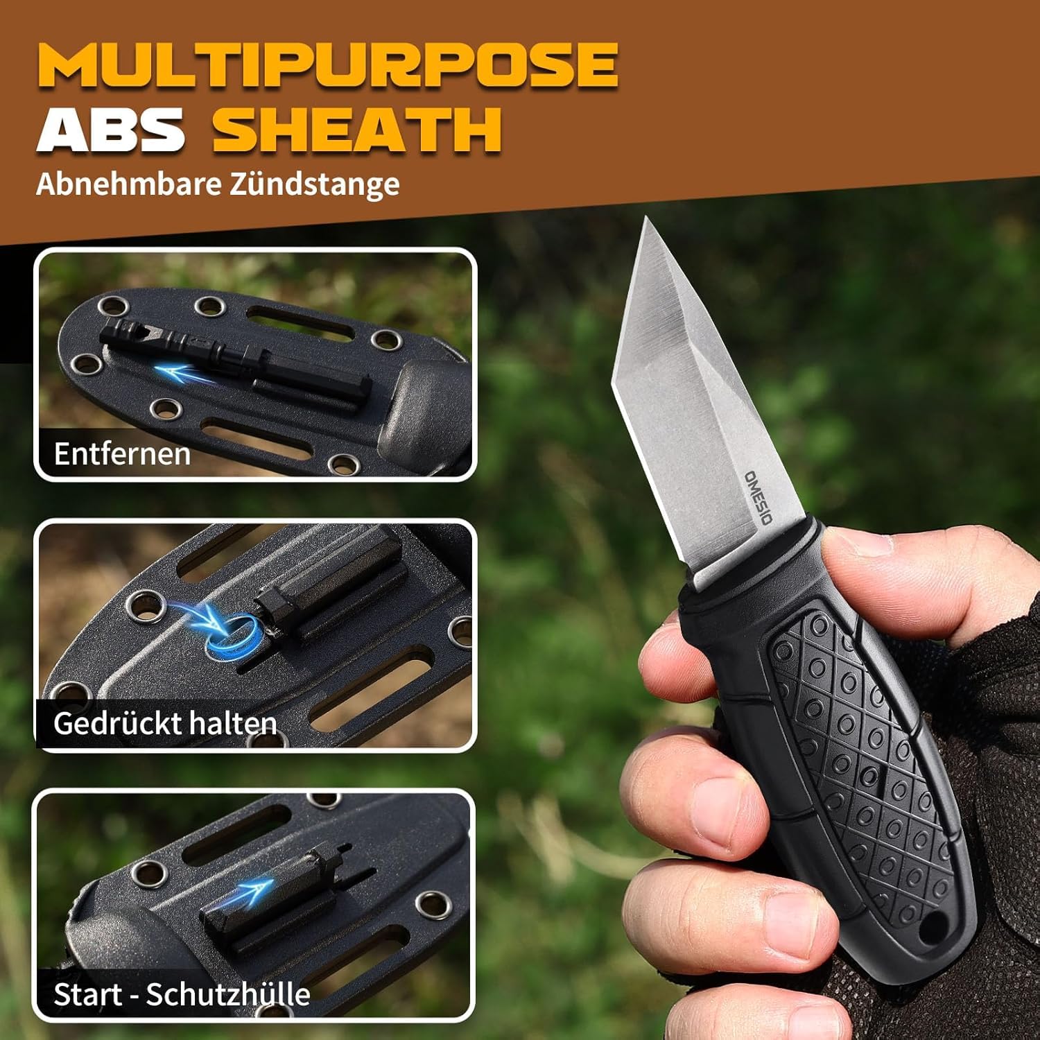 Omesio Coltello Da Caccia Tanto, Coltello Da Esterno Con Lama Da 6 Cm EDC, Manico in PP Con Lama in Acciaio 5cr14mov, Fodero in ABS, Catena a Sfere,Unisex, Adatto Per Escursionismo e Campeggio