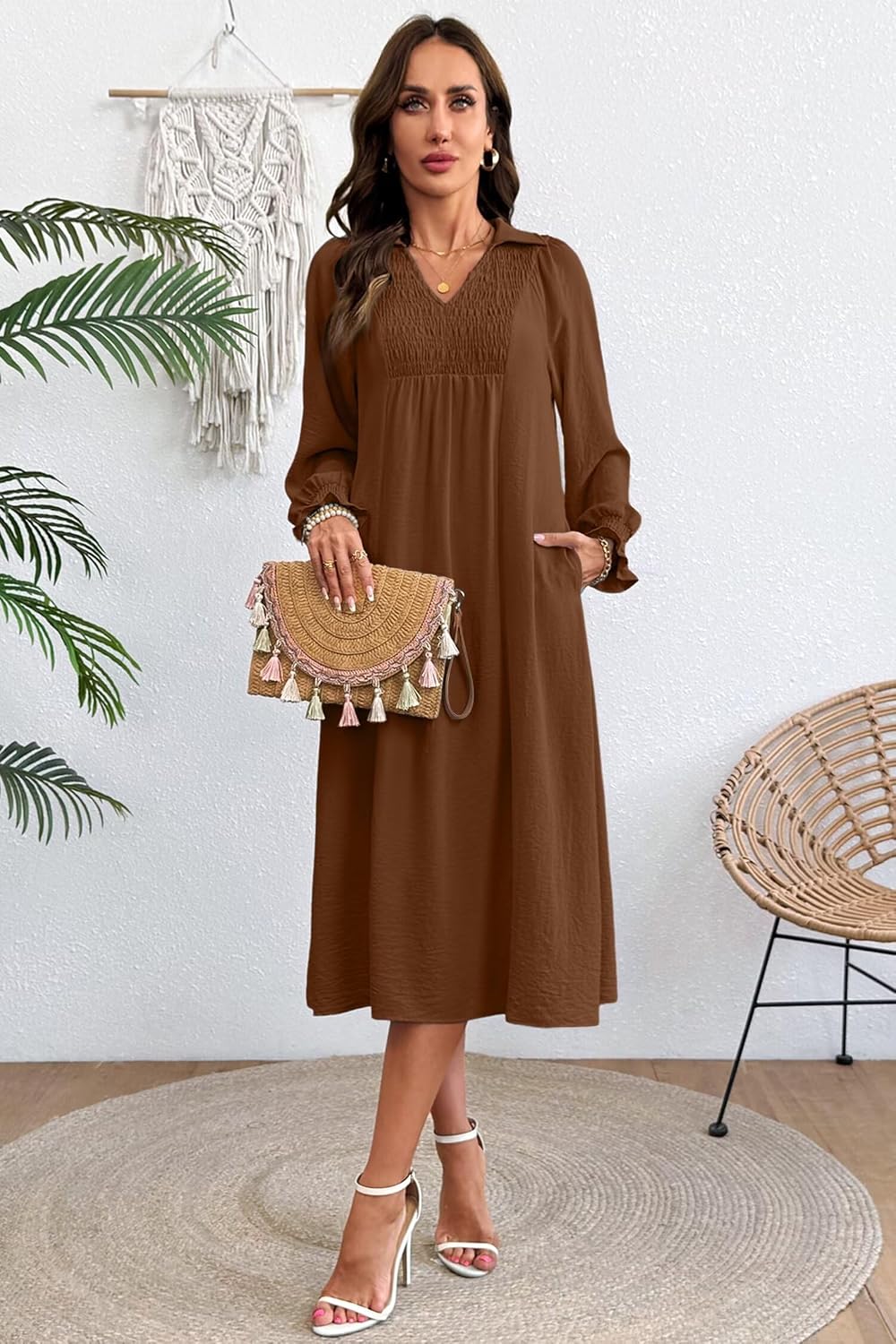 Dokotoo Womens Dresses 2026 V Neck Puff Long Sleeve Empire Waist Maxi Dress image 3