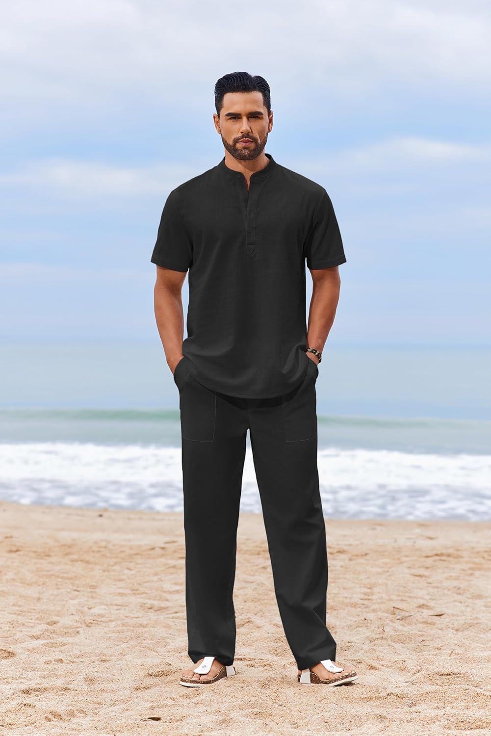 COOFANDY Men's 2 Piece Cotton Sets Casual Short Sleeve Henley Shirts and Beach Pants with Pockets Summer Vacation Outfits - Image 2