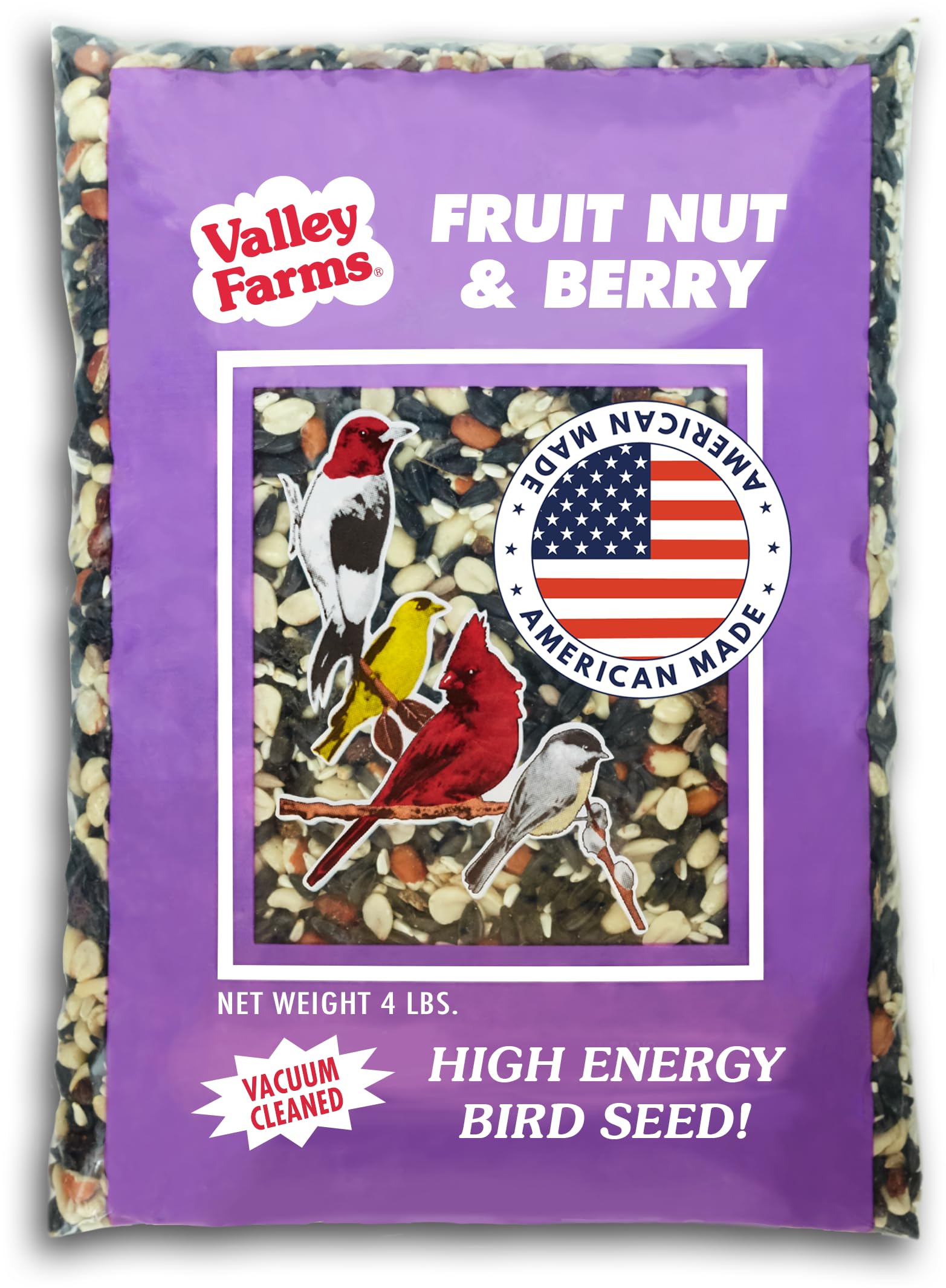 Valley Farms Fruit Nut & Berry (4 LB) Wild Bird Food Outside Feeders, Bird Seed with Dried Fruit, Peanuts, Sunflower, and Safflower, High Energy Mix for Healthy Birds!