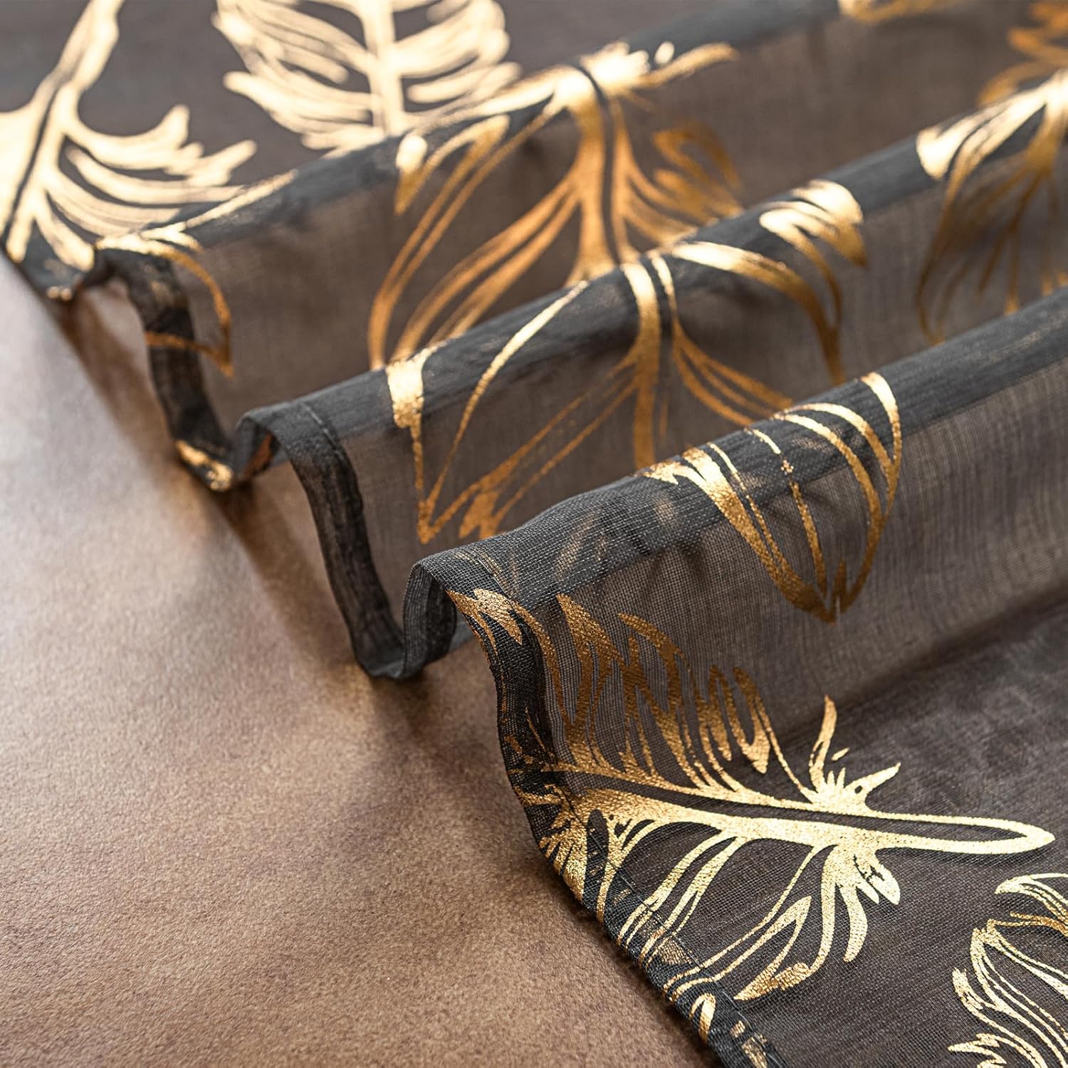 Deeprove Charocoal Gray and Gold Sheer Curtains 84 inches Long 2 Panels for Bedroom Living Room, Dark Grey Metallic Foil Feaher Print Golden Window Treatments Pair Drapes W52 x L84 Inch
