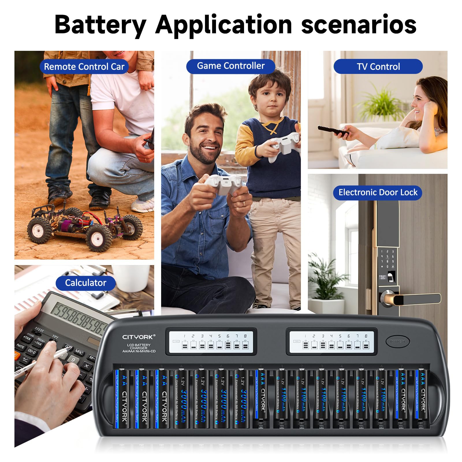 PALO - Cargador de batería inteligente recargable para el hogar, 16 bahías 1.2 V AA AAA Ni-MH/NiCD cargador de baterías recar