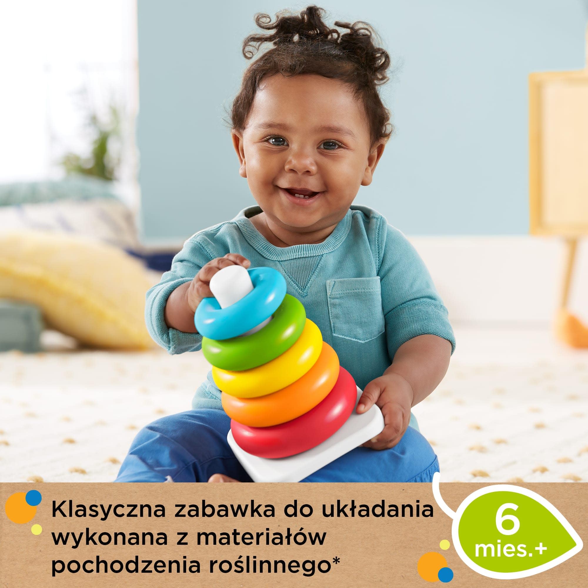 Fisher-Price Piramidka z kółek Klasyczna zabawka-kiwaczek do układania, wykonana z tworzyw sztucznych pochodzenia roślinnego, dla niemowląt i małych dzieci, HPY92