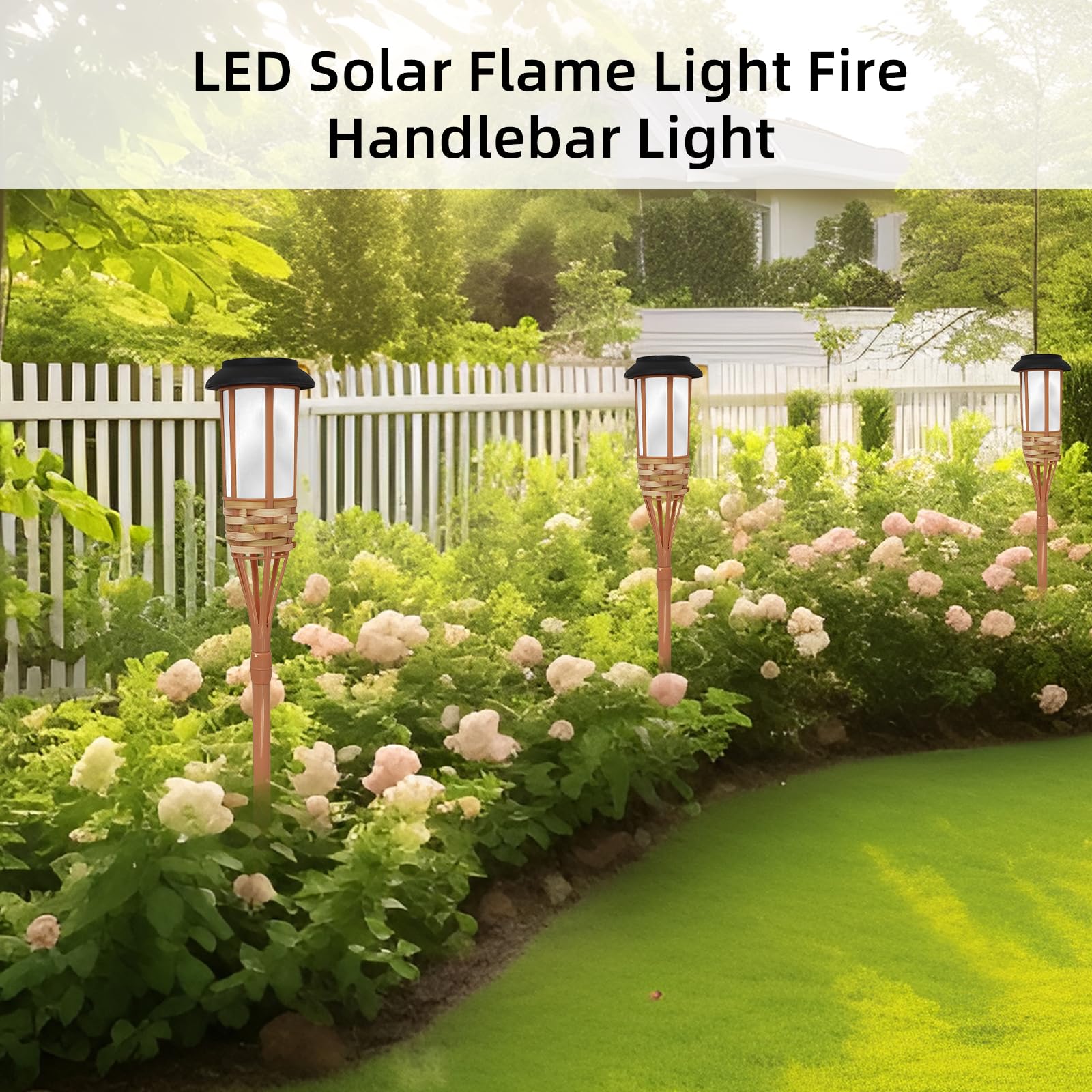 4 luces solares para exteriores, altura de 60 cm, impermeables, luces solares parpadeantes, decoraciones de camino para patio, patio, antorchas de bambú hechas a mano, luces de estaca de iluminación