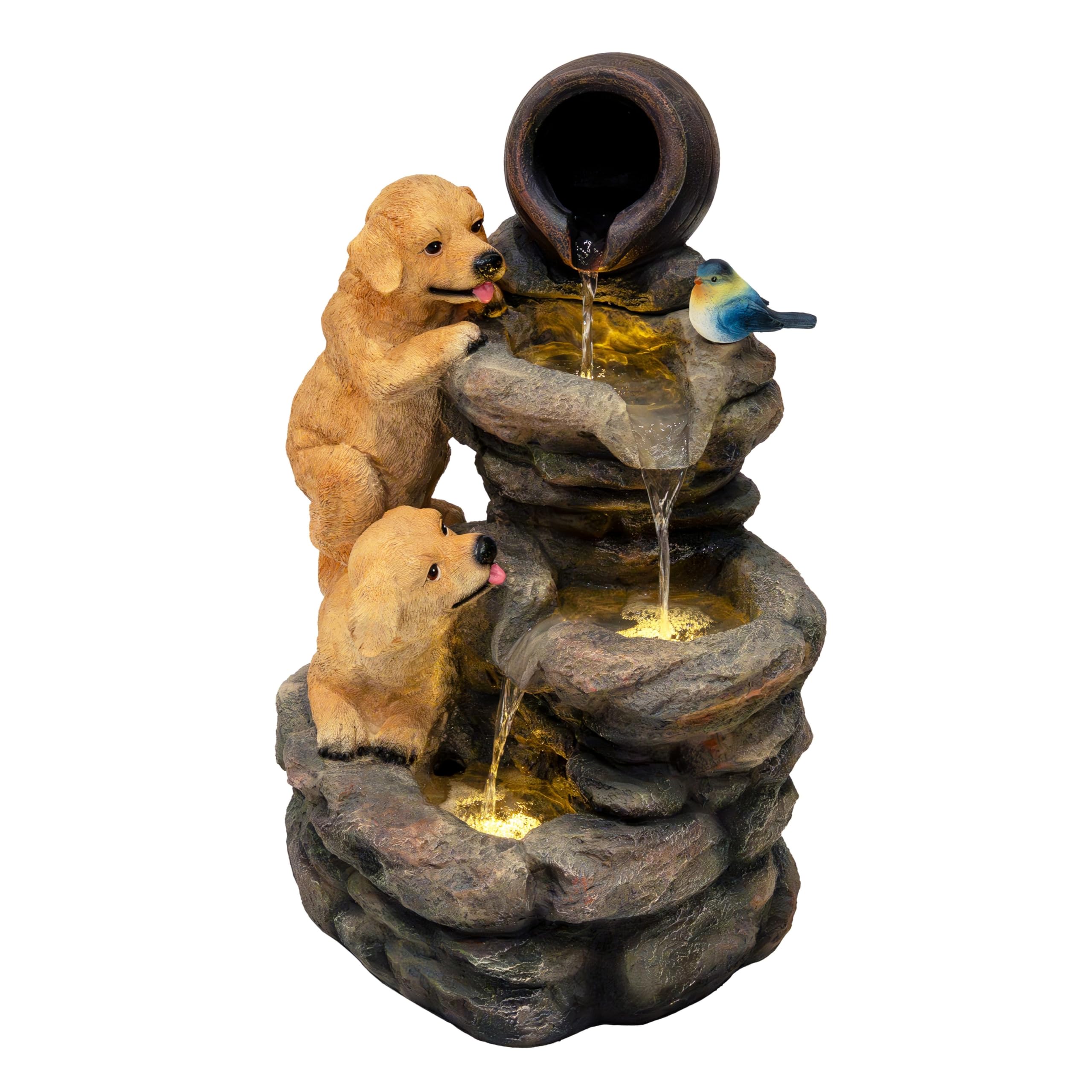 Cascading Outdoor Water Feature Electric Garden Fountain Polyresin Grey Warm White LED Light Plug-In Pump 7m Cable Statue Straight Waterfall Home Patio Decor Canine Creek FREE Cleaning Brush