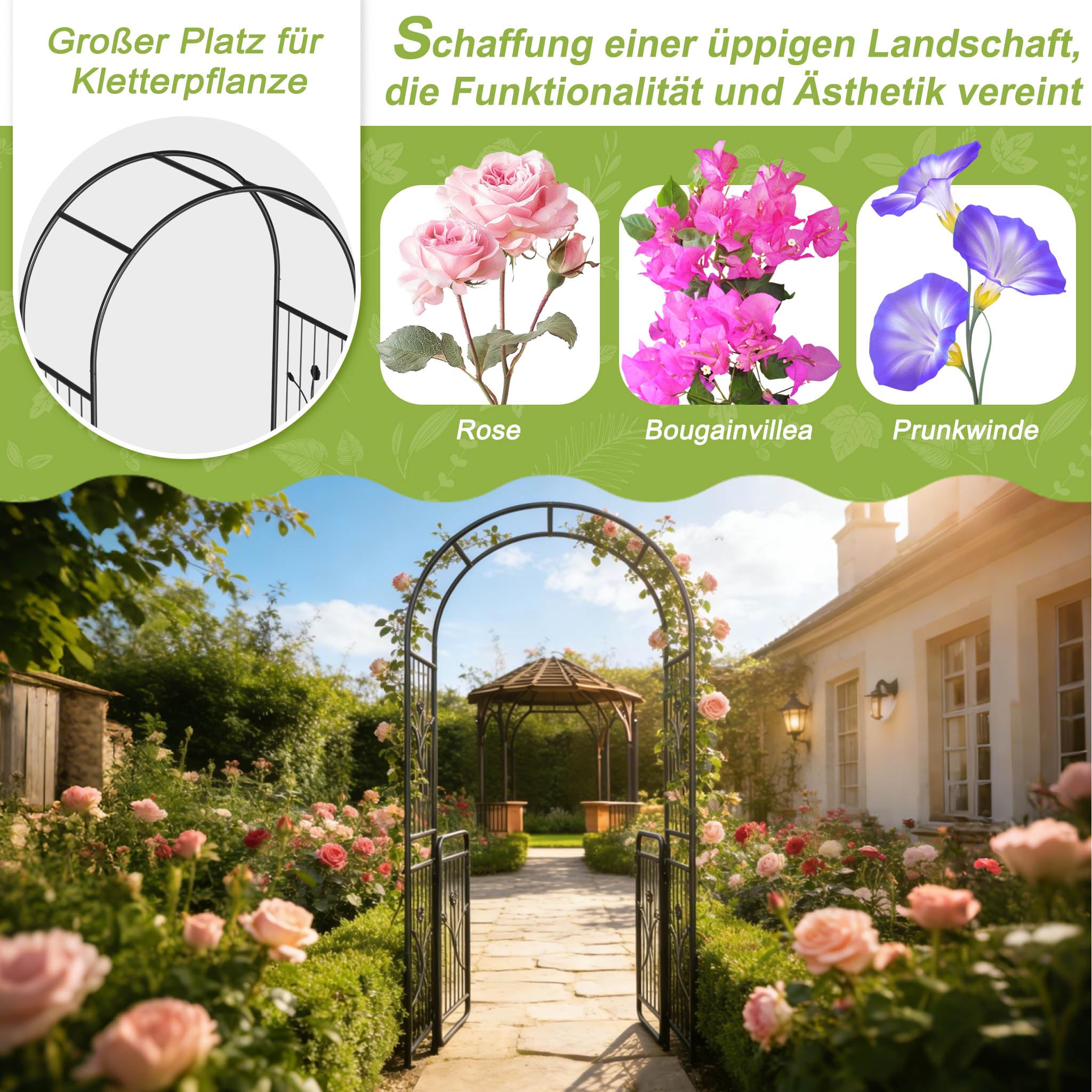 Aufun Rosenbogen mit Tür 220 cm, Metall Gartenbogen mit Rankgitter, Abschließbares Gartentor, Pulverbeschichteter Stahl, Wetterfest & Stabil, Rankhilfe für Kletterpflanzen, Hochzeit & Garten, Schwarz