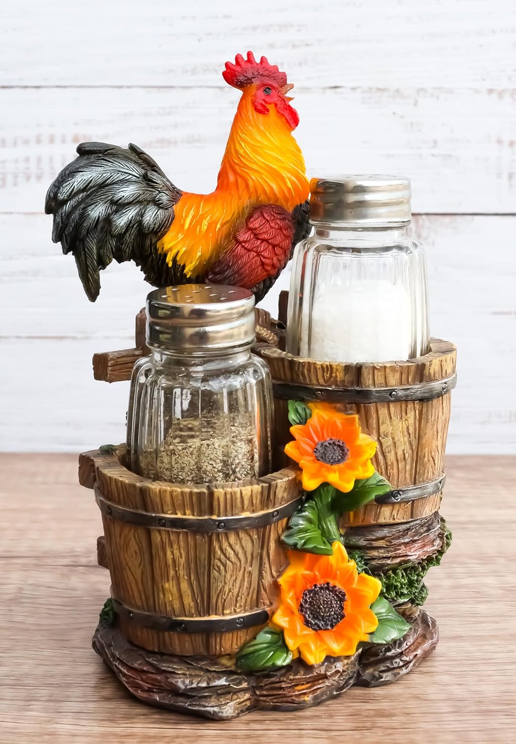 Ebros Sunflower Farm Crowing Rooster Standing On Fence By Old Fashioned Wooden Buckets Glass Salt And Pepper Shakers Holder Figurine 6.5"H Chicken Country Western Decorative Sculpture