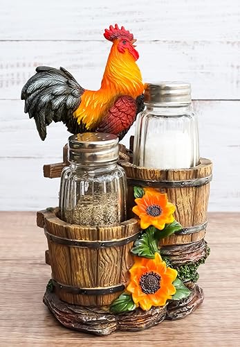 Miniatura 2 de Ebros Girasol Granja Gallo de pie en la valla por cubos de madera antiguos de cristal Salero y Pimentero Figura de soporte 6.5 pulgadas de alto
