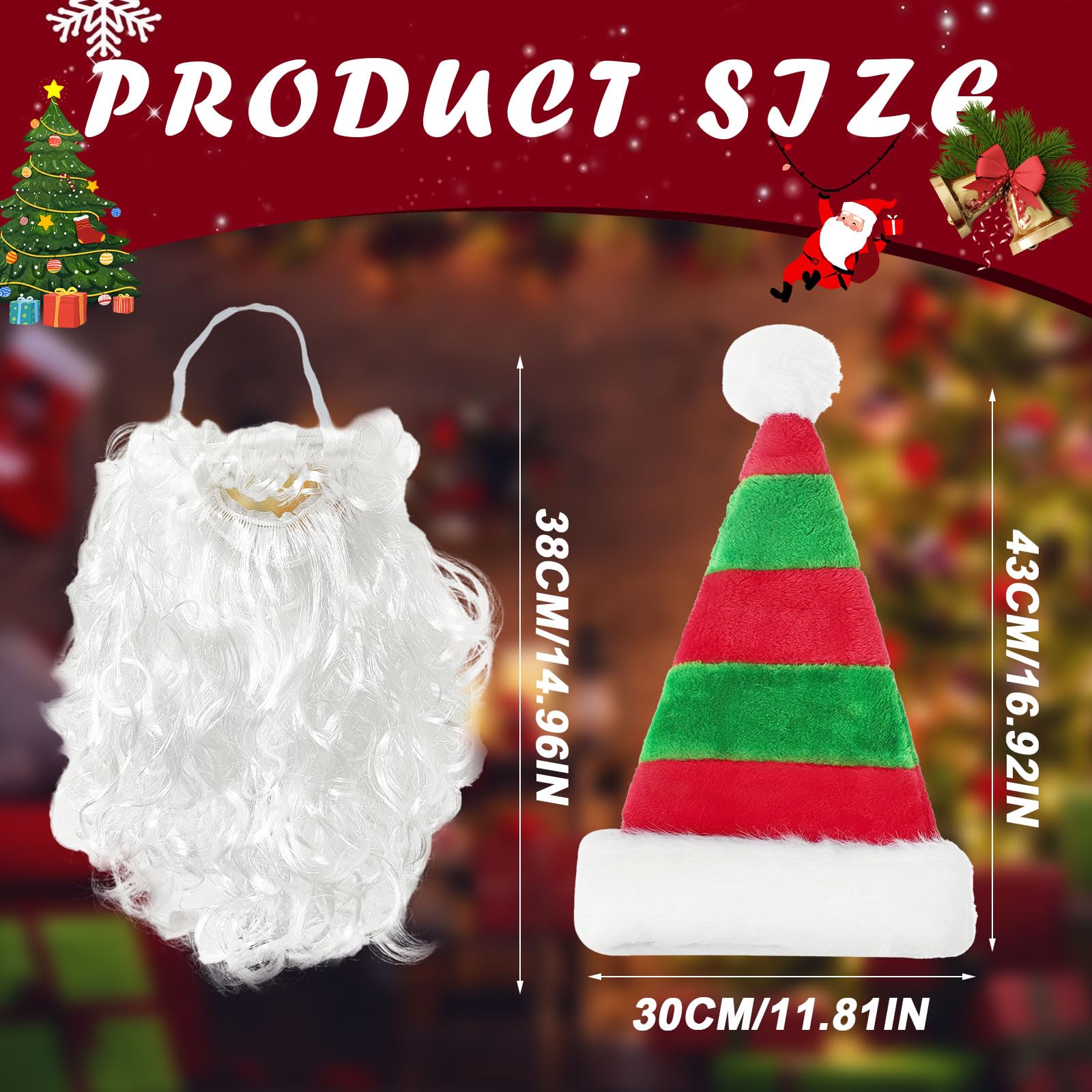 TUONYIS 2 Pieces Santa Costume,Red and Green Striped Christmas Hat Santa Beard,Christmas Decorations Xmas Hat,Santa Hat Santa Mask for Children Adults Christmas Party New Year Festive Party (2 PCS) - Image 2
