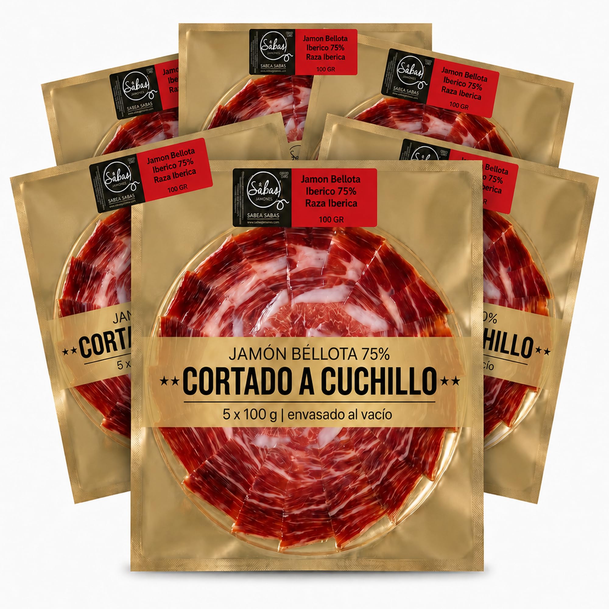 SABE A SABAS Jamon Bellota Iberico 75% Raza Iberica 5 Platos 100 g Cortado a Cuchillo Envasado al Vacio Curacion 36 Meses Loncheado Gourmet Regalo Premium Tabla Aperitivo Dehesa Espanola Fiesta