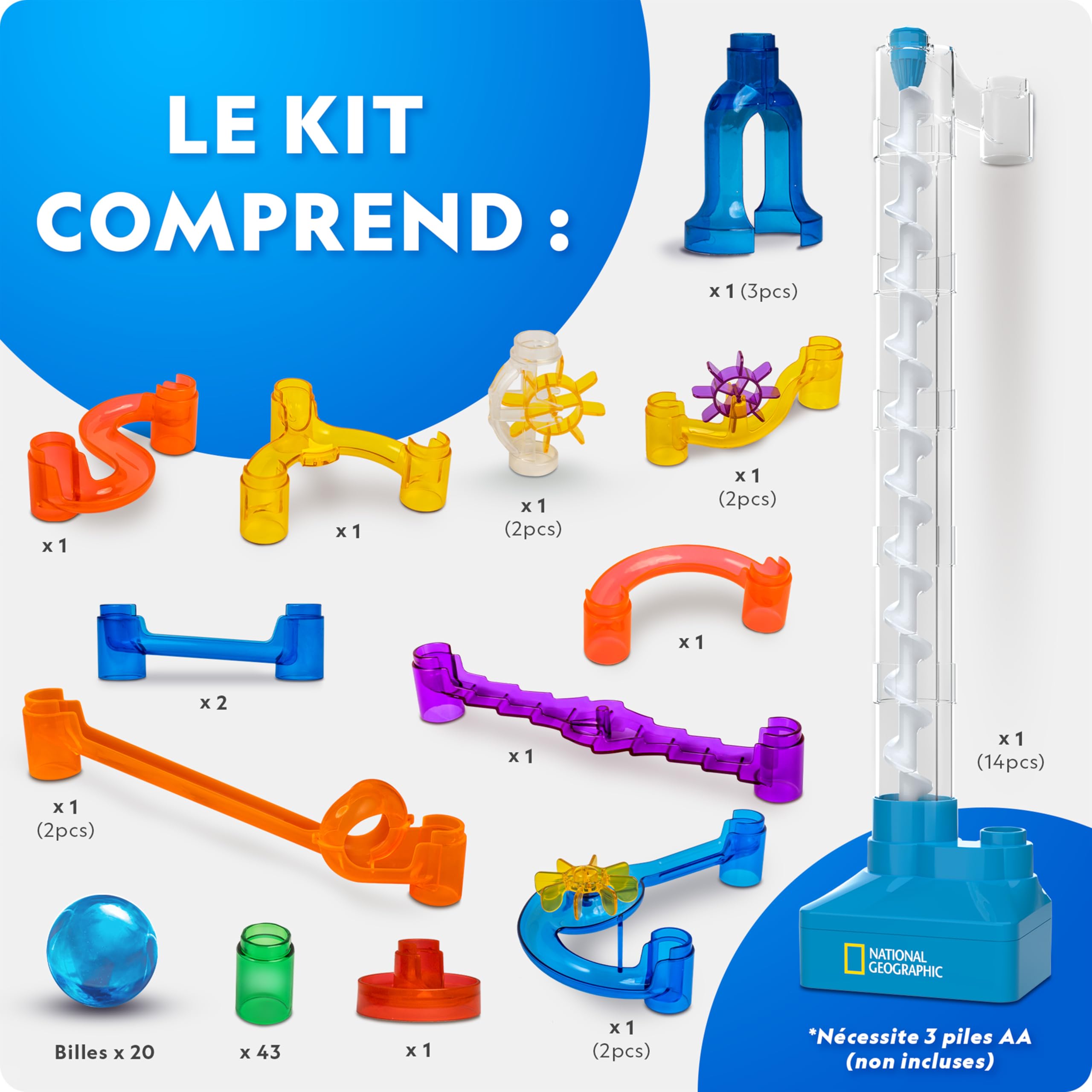 Circuit à Billes National Geographic avec Ascenseur Motorisé – Kit de 95 Pièces avec Spirale Électrique, 20 Billes, Sac de Rangement et Plus, Machine à Mouvement Perpétuel, Jouet de Physique
