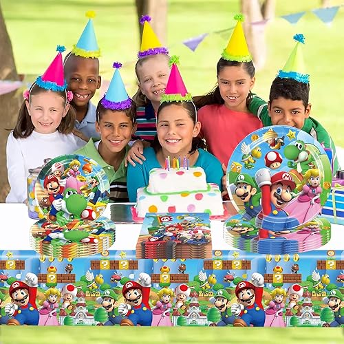Miniatura 7 de Mario Party Supplies 41 El paquete incluye 20 platos, 20 servilletas, 1 mantel para decoración de fiesta de cumpleaños de Mario