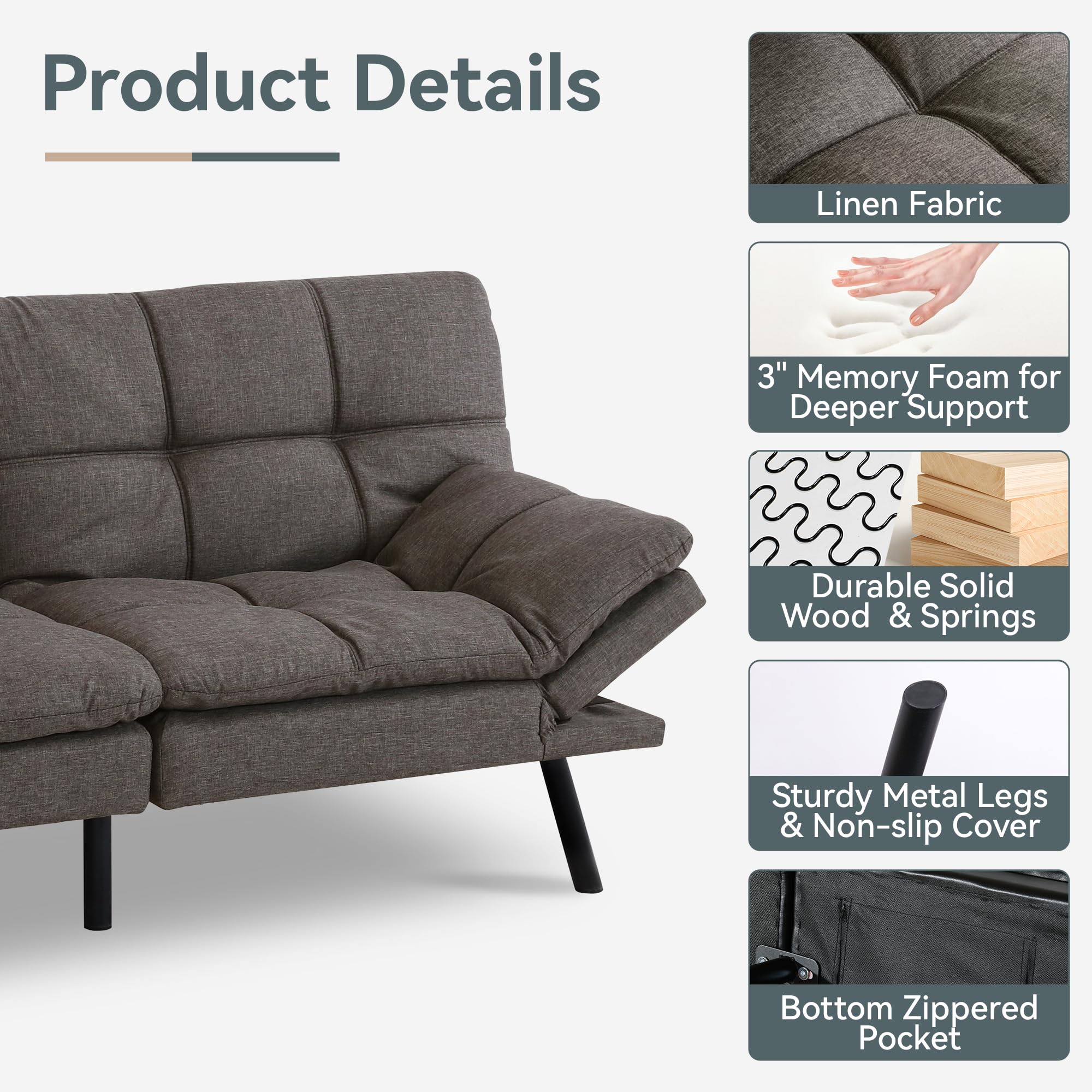 Futon Sofa Bed Convertible Couch, Grey Linen Sofa Bed with Memory Foam, Adjustable Backrest & Armrests, Multifunctional Small Loveseat Sleeper Sofa for Living Room, Apartment, Office