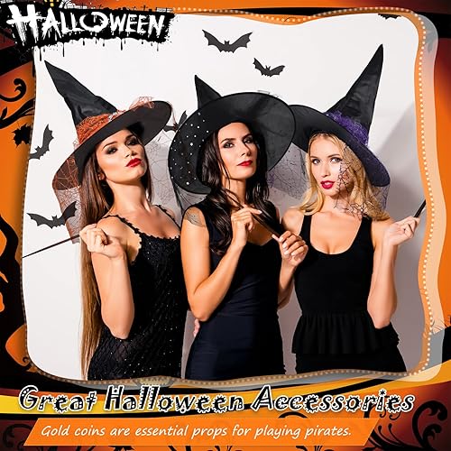 Miniatura 6 de Janmercy 3 piezas de sombrero de bruja de Halloween, accesorios de cosplay para mujeres, suministros de fiesta de Halloween, morado, negro y naranja