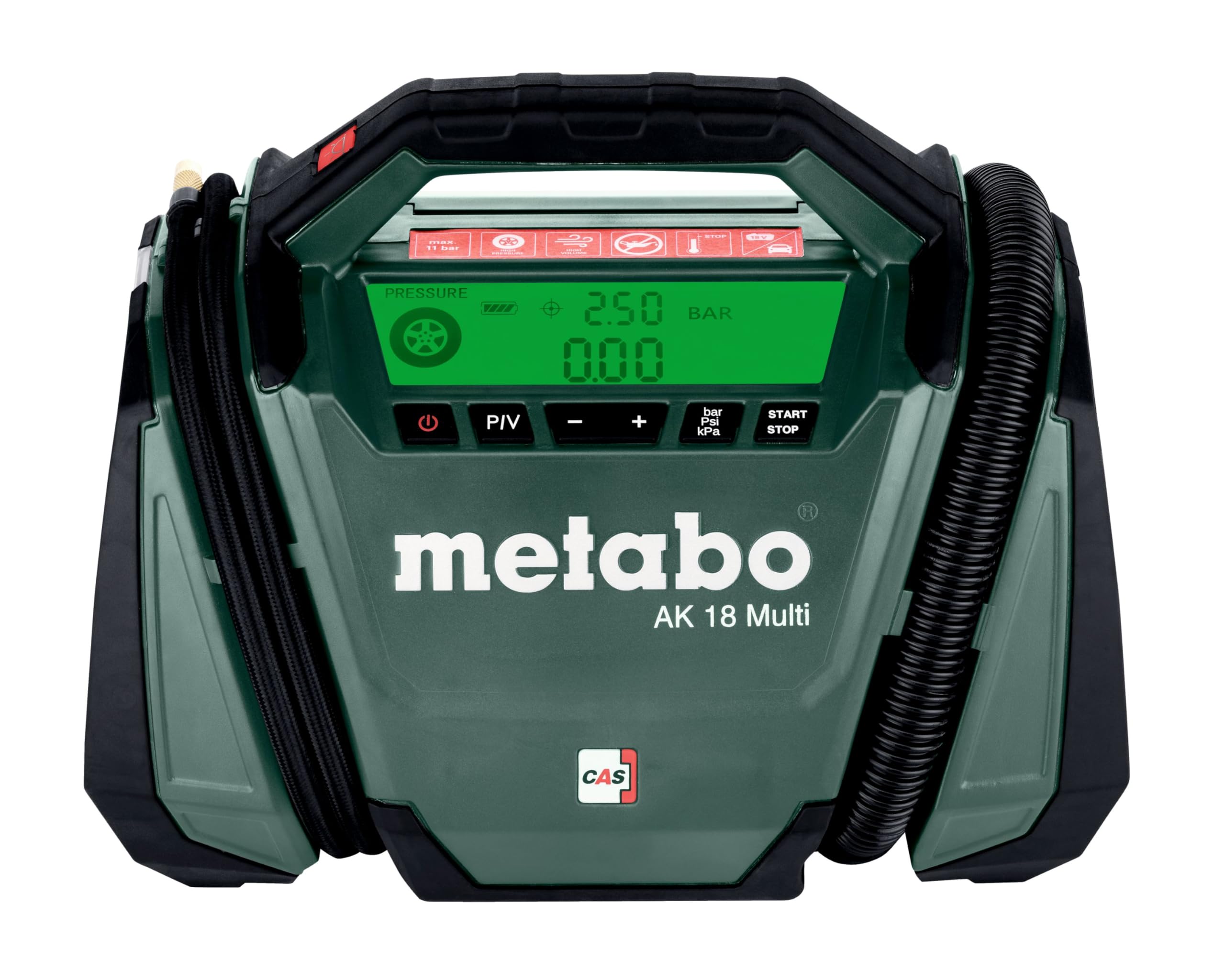 metabo Akku-Kompressor AK 18 Multi, 18V Luftpumpe für Reifen & Bälle, 11 | Mobiler 12V KFZ-Anschluss, 16 l/min, LCD-Display, LED-Licht, Volumenschlauch, ohne Akku und Ladegerät