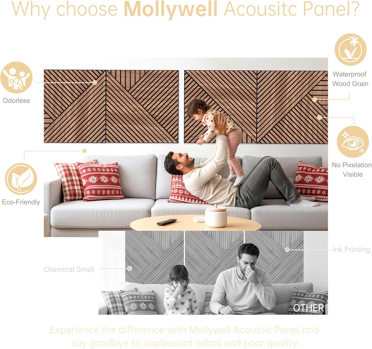Mollywell Art Acoustic Wall Panels, 24x24 Inch 8 Pack, Wood Veneer, Sound Absorbing Self-Adhesive Wall Decor, Thread and Prism Woven Patterns, Walnut, for Home & Studio