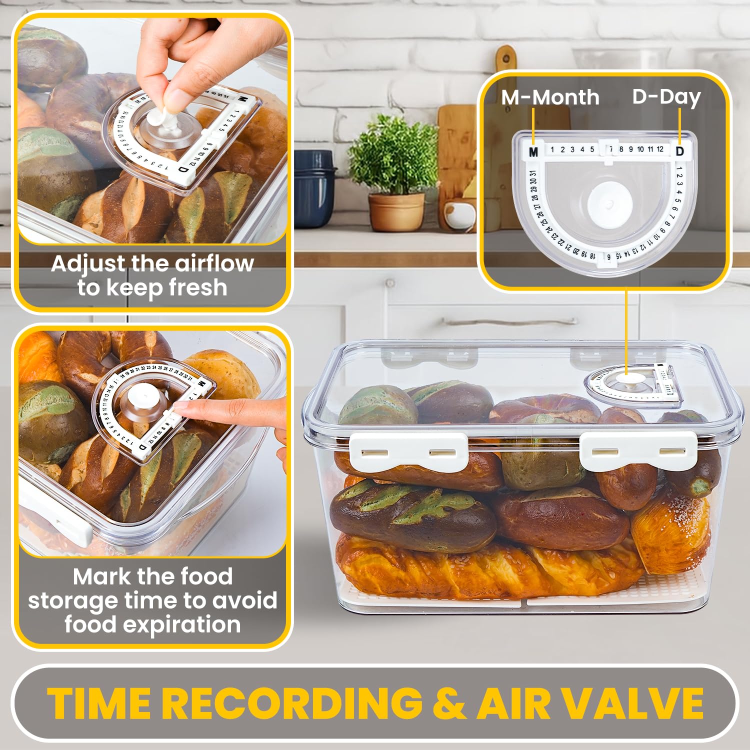 Bread Box for Kitchen Countertop, Time Recording Bread Storage Container for Homemade Bread, Toast, Multifunction Airtight Bread Keeper Food Fruit Pantry Storage Container for Fridge, White Set