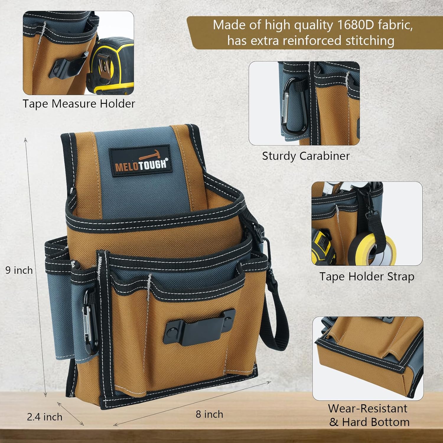 MELOTOUGH Electrician Tool Pouch Lightweight Belt Organizer with Tape Holder & Speed Square Slot for Wiring Construction & DIY​ Tool Holster with 13 Pockets,Utility Pouch for HVAC Technicians - Image 3