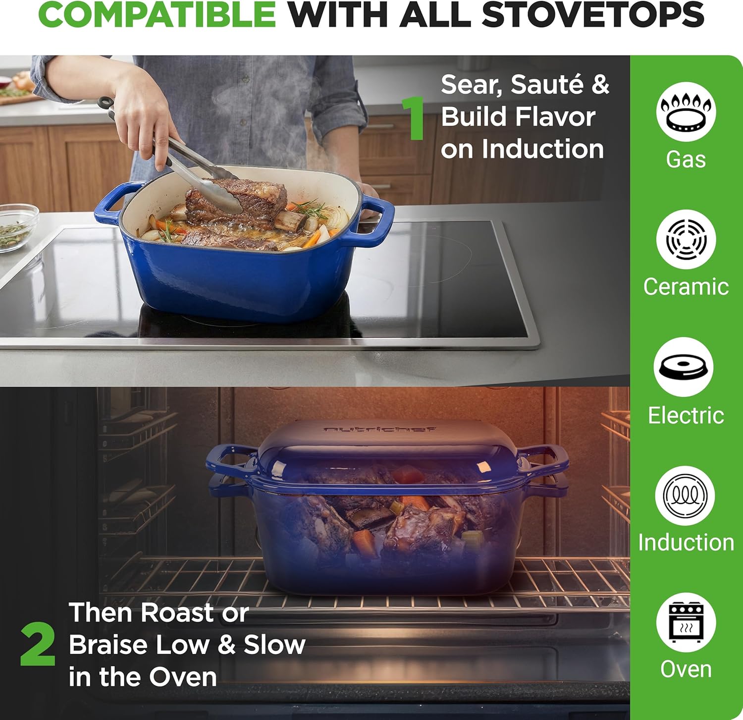 NutriChef 10" Enameled Cast Iron Bread Pan with Lid, Oval Loaf Dutch Oven with Silicone Gloves, Oven-Safe to 500°F, for Baking, Roasting, Stewing & More, Dishwasher Safe (Blue)