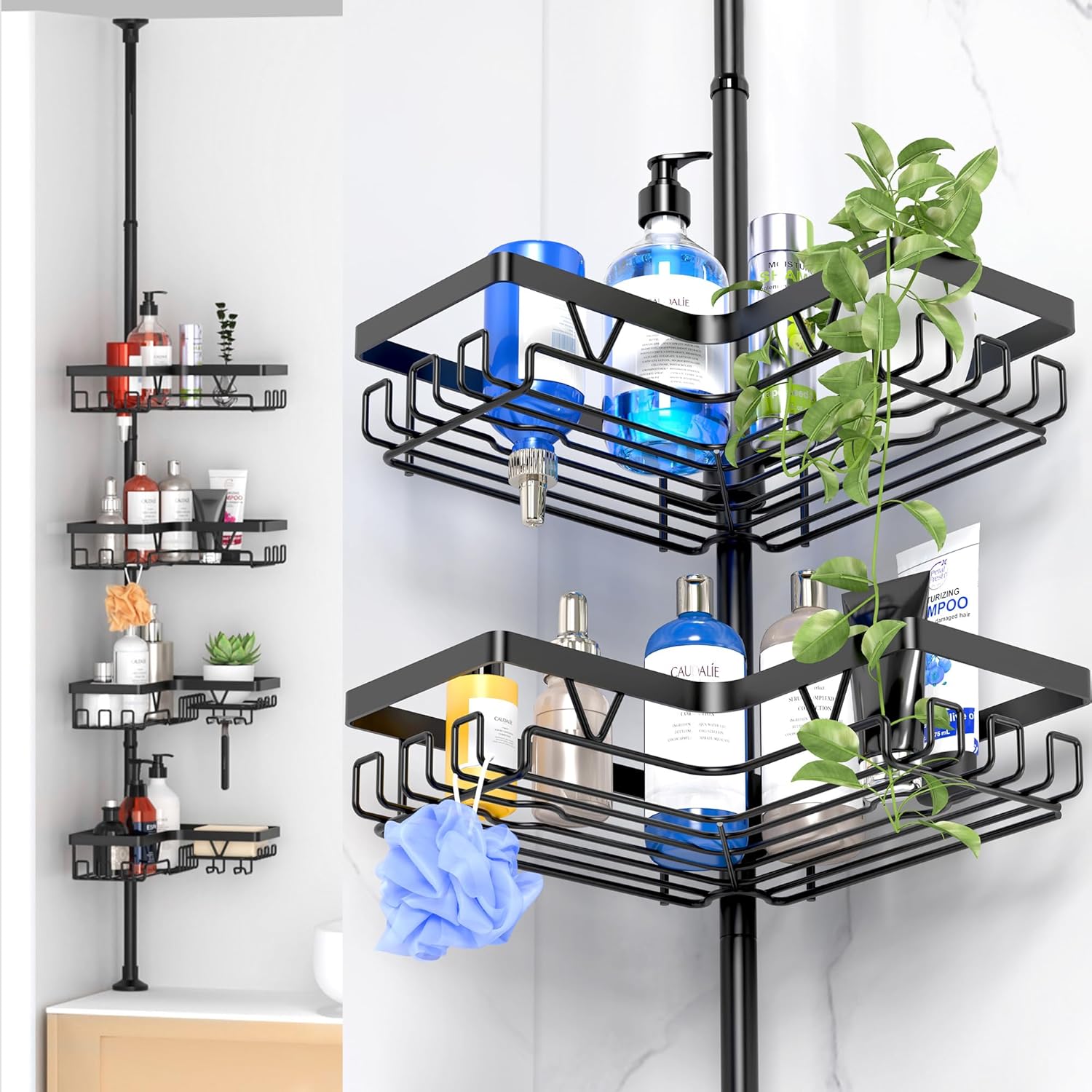 Bathtub Organizer for Tub Corner – 4-Tier Corner Shower Caddy with Hooks, Tension Pole, No Drilling, Black Bathtub Organizer for Tub Corner – 4-Tier Corner Shower Caddy with Hooks, Tension Pole, No Drilling, Black