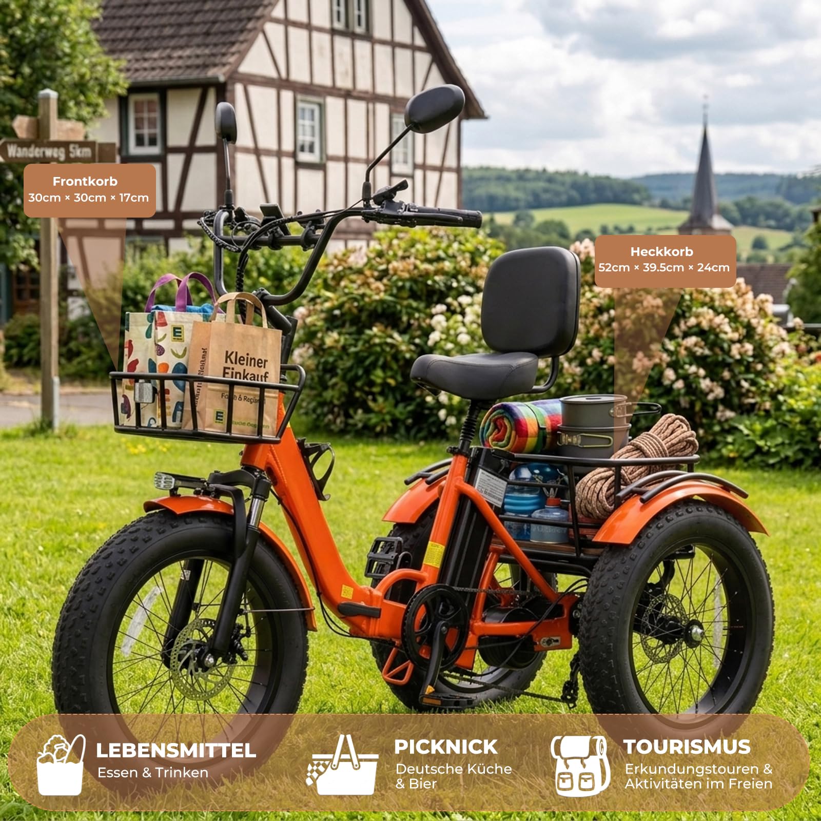 Elektro-Dreirad für Erwachsene & Senioren – Faltbar, 20"x4" Fat Tires, 250W Motor, 48V 18Ah Akku, Bis 90 km Reichweite, Differential & Parkbremse, Front- & Heckkorb