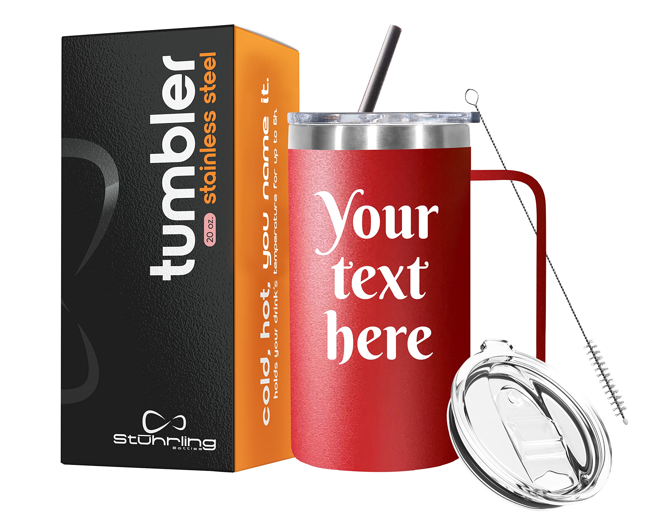 Stuhrling BottleStuhrling Bottle Personalized Tumbler Coffee Mug – Vacuum Insulated Tumbler with Straw and Cleaning Brush - Present Idea for Dad, Mom, from Son, Daughter - 30 oz (Red)