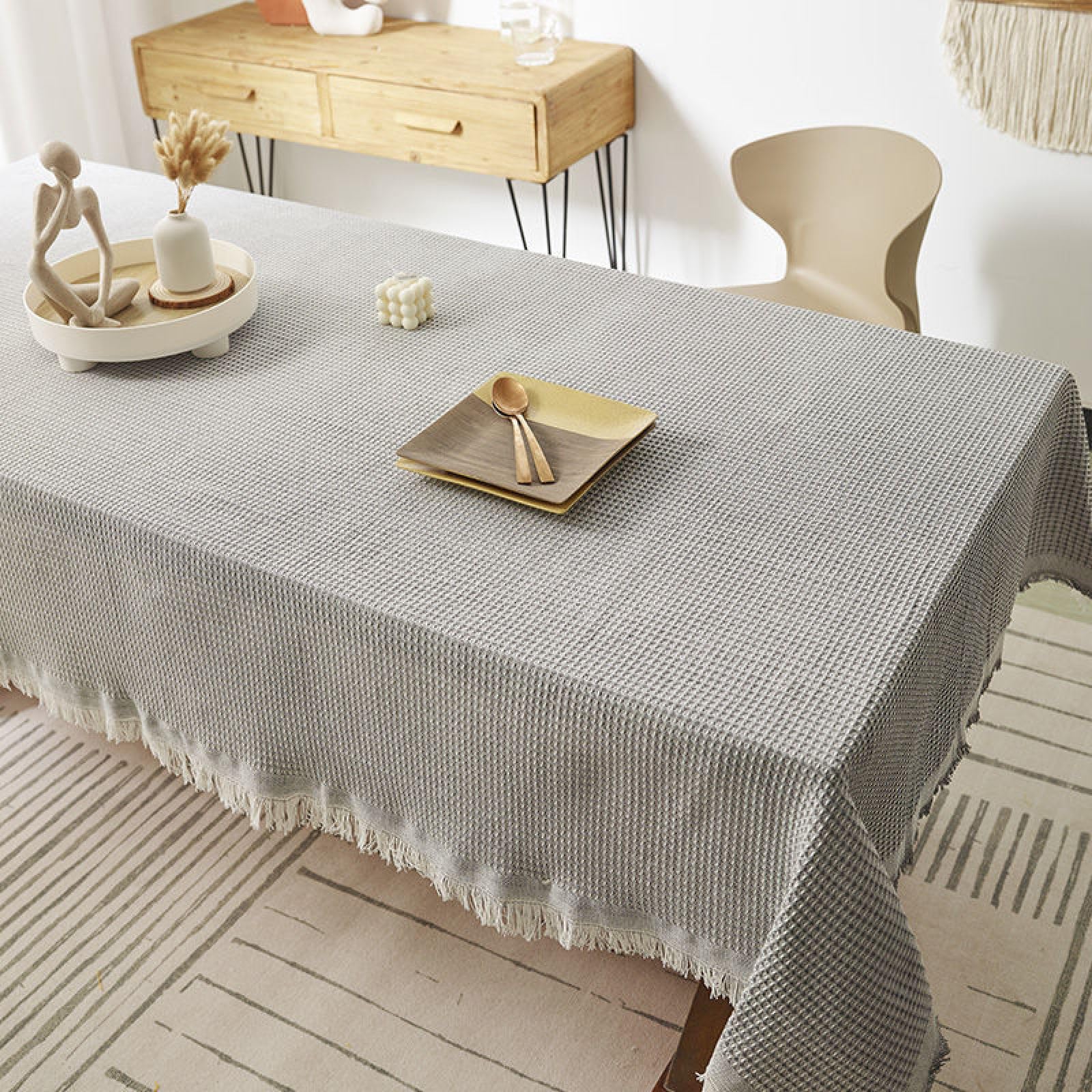 KLUOT Cotton Faux Linen Table Cloth Kitchen Tablecloths Tassel Rectangular Table Cover for Wedding Banquets Dinners Picnic 180x340cm