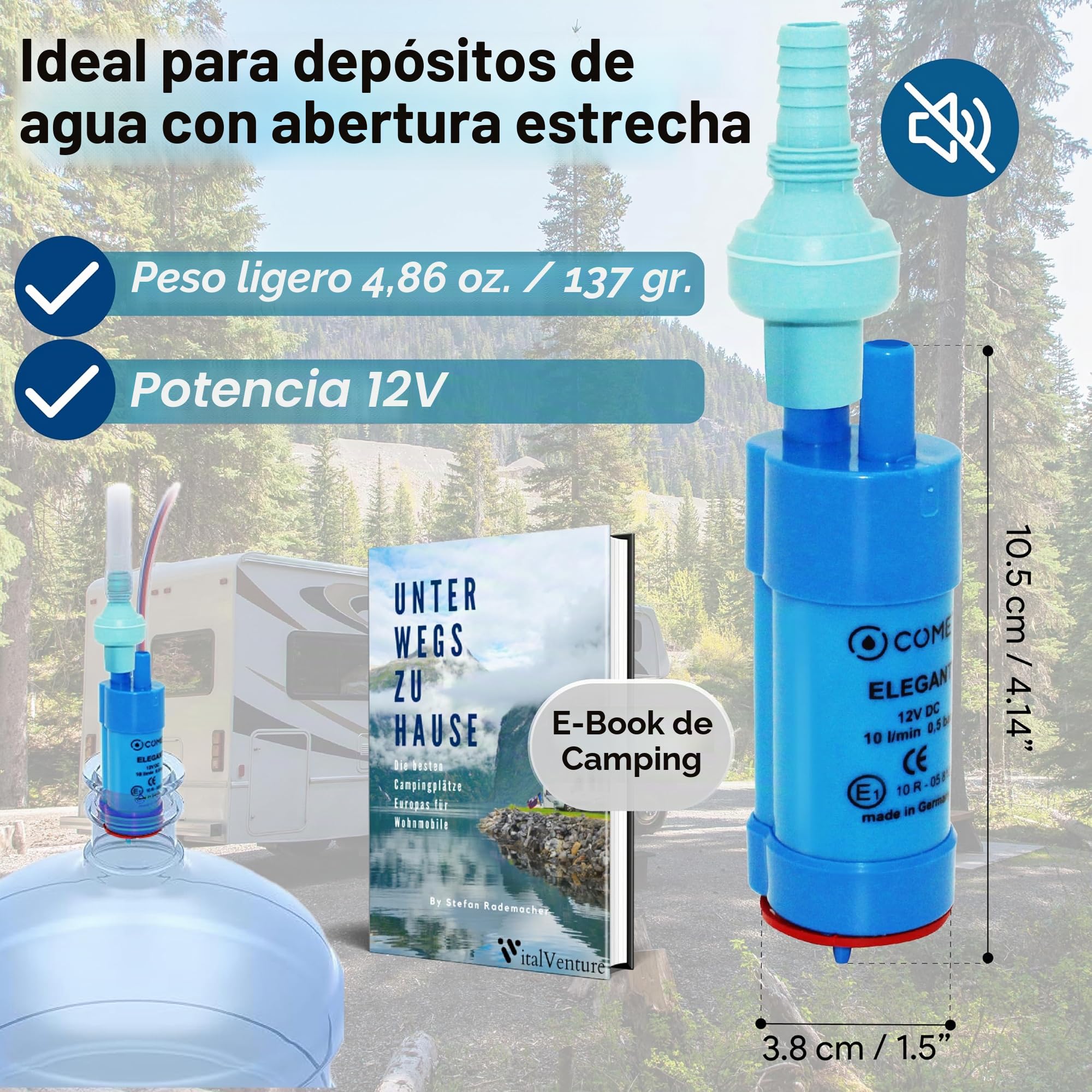 Comet Elegante bomba de agua de 12 V, con válvula antirretorno (fija) + filtro para camping, autocaravana y caravana