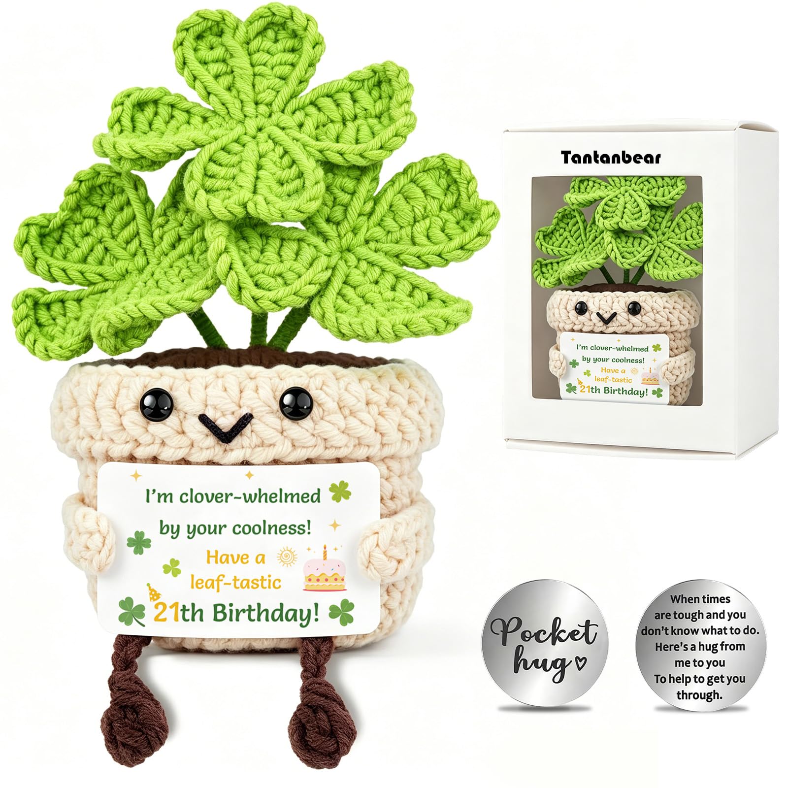 21st Birthday Gifts for Women Men, Handmade Crochet Lucky Four-Leaf Clover Ornament 21st Birthday Decorations for Her Him, Happy 21 Year Old Presents for Best Friend Sister, Friends, Daughter