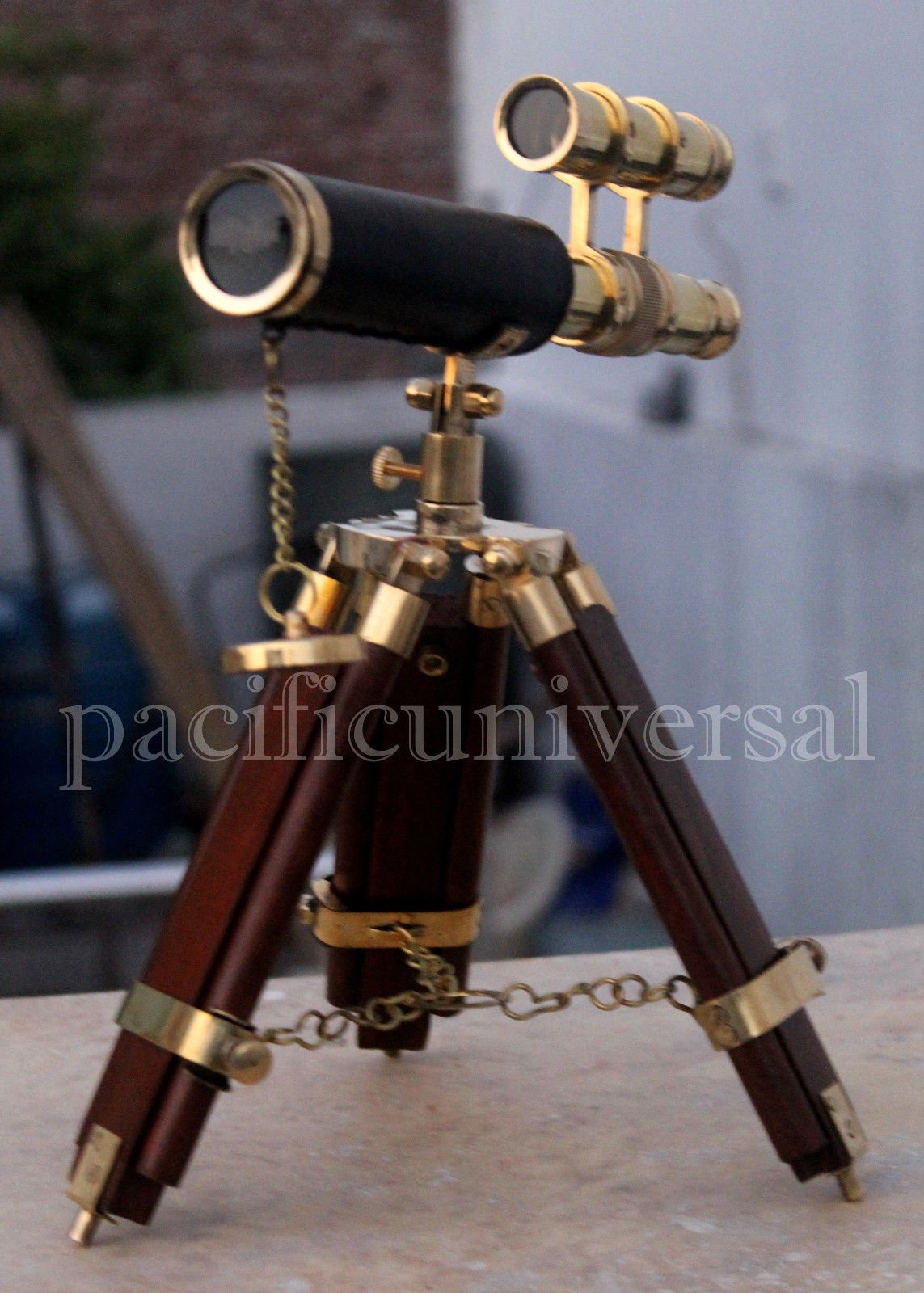 Mahira Nautical Telescope Double Barrel Leather Tripod Working Spyglass Decor Item A