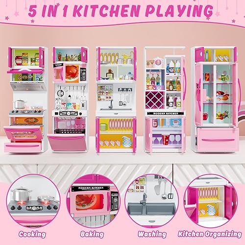 Miniatura 7 de Juego de cocina 5 en 1 para niños con luces y sonidos realistas, mini juguetes de cocina para niñas, juguete de cocina para muñecas, mini muebles de