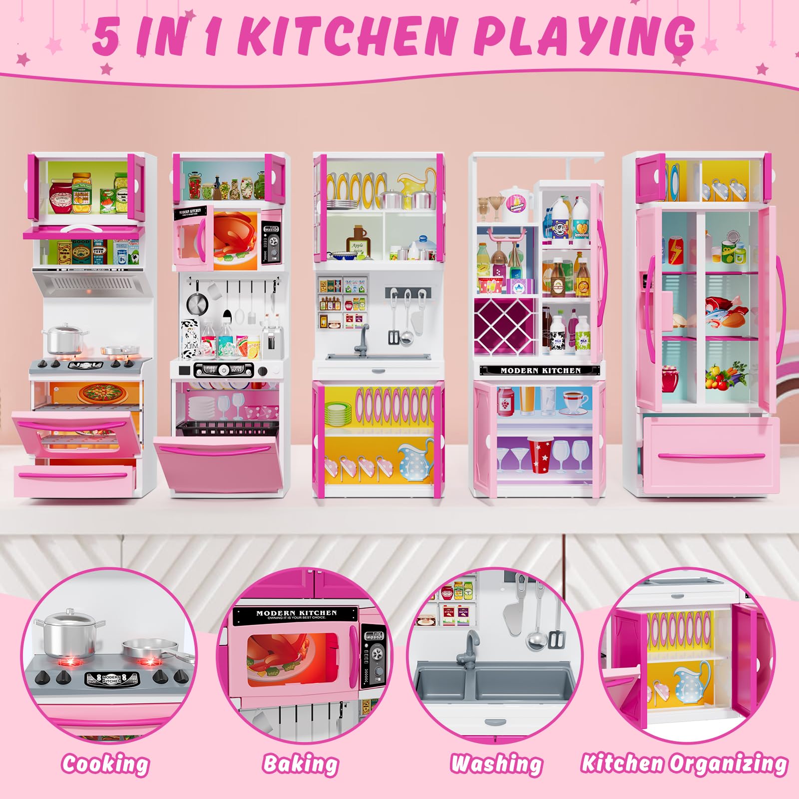Juego de cocina 5 en 1 para niños con luces y sonidos realistas, mini juguetes de cocina para niñas, juguete de cocina para muñecas, mini muebles de juguete para niños a partir de 3 años 7