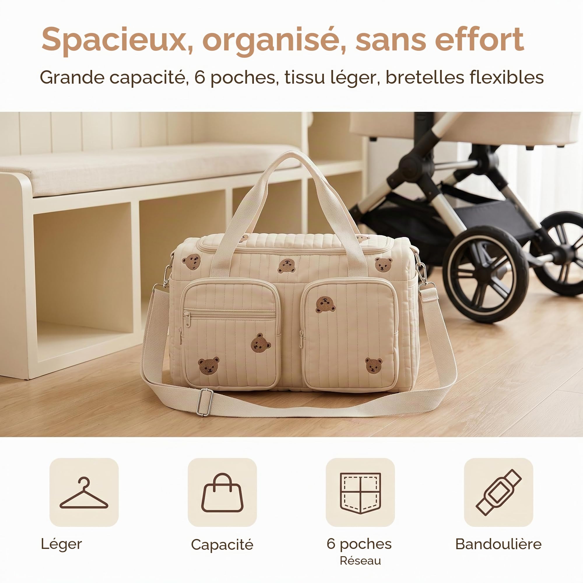 Sac à Langer Bebe Bandoulière 48x26x22cm, Sac de Maternité Multi Poches, Sac de Voyage Femme avec Ceinture Ajustable