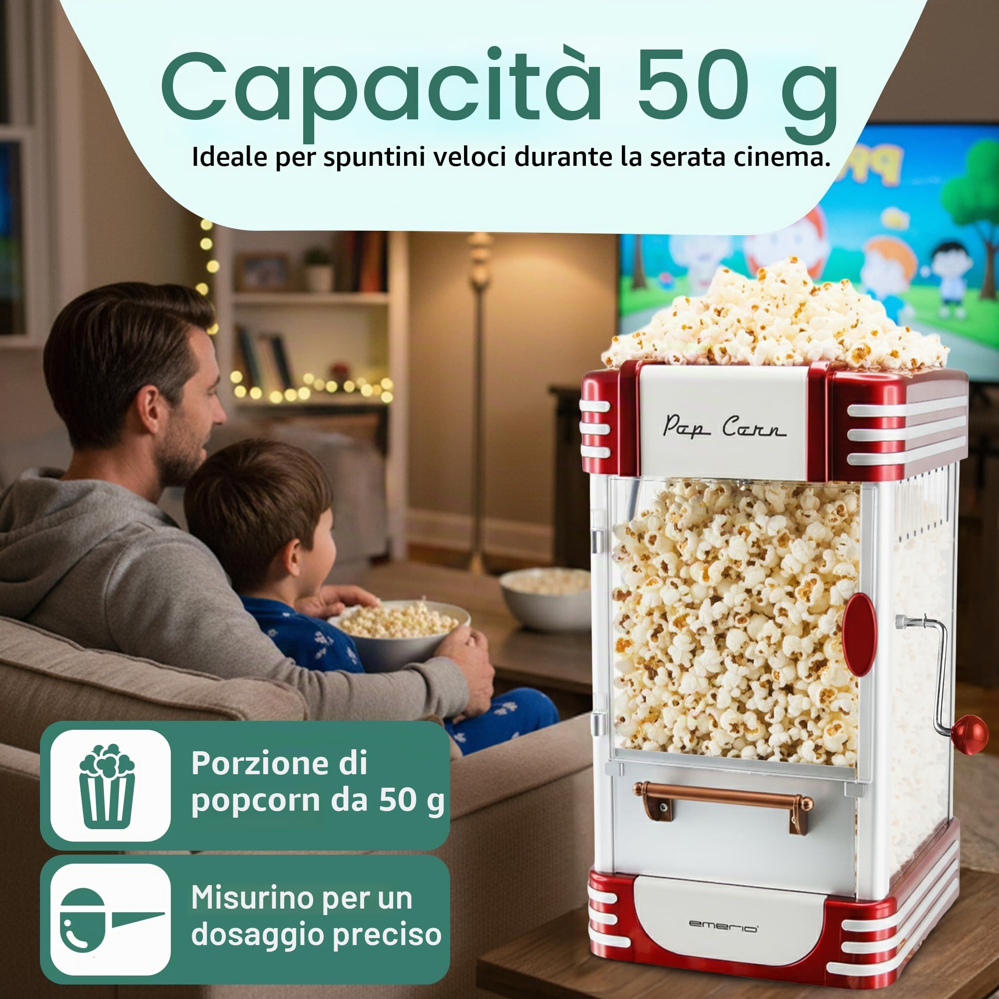 Emerio Macchina per Popcorn POM-120650, Contenitore Antiaderente Adatto Anche per Popcorn Dolci o salati, 360 Watt, Grande