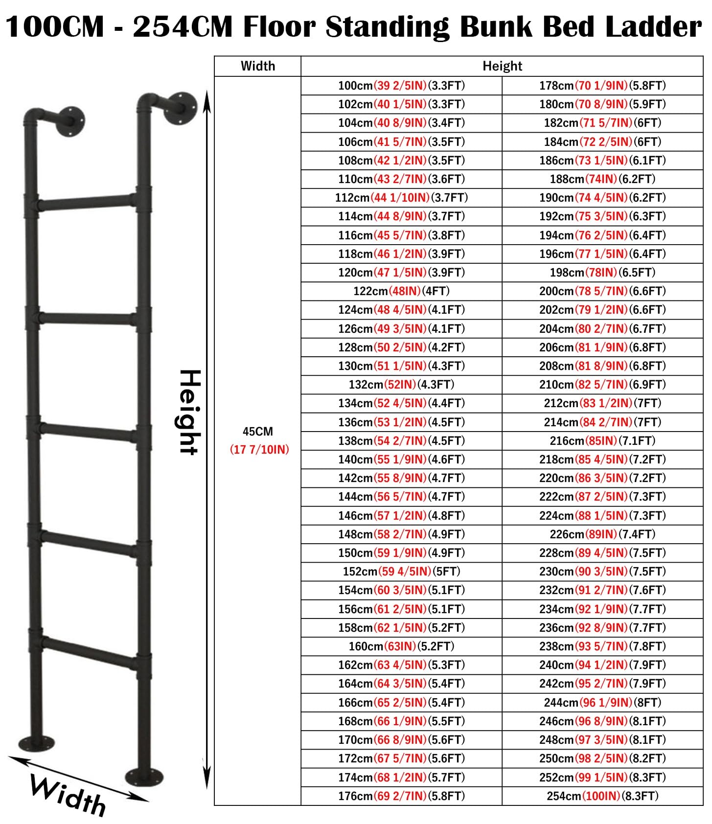 Escalera Para Literas Piso/ Pared Sótano Escalera De Salida 100 - 252 CM, Escalera Interior Escalera De 4 Peldaños / 6/ 8 / 10/ 12 Peldaños Para Atico Ventana Pozo Techo, Bomberos(Black floor mount,14