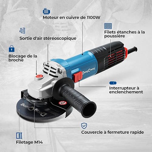 DongCheng Meuleuse d'angle 1100 W Disque 125 mm, vitesse à vide : 11800 tr/min, couvercle à fermeture rapide, Poignée Supplémentaire, avec 2 Disques Abrasifs, 2 Disques de Coupe - 7