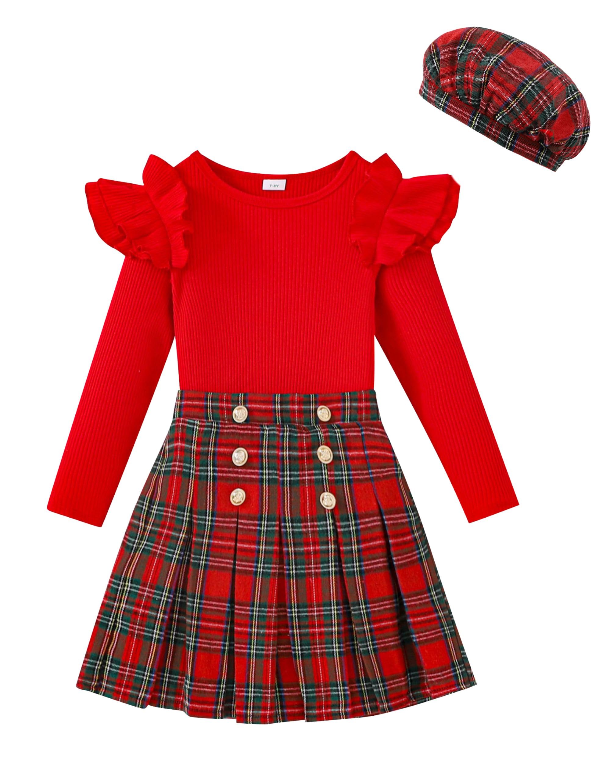 Girls Teen Clothes, Fall Winter Outfits Long Sleeve Ruffle Sleeve Top and Pleated Plaid Mini Skirt Set Size 7-14Y