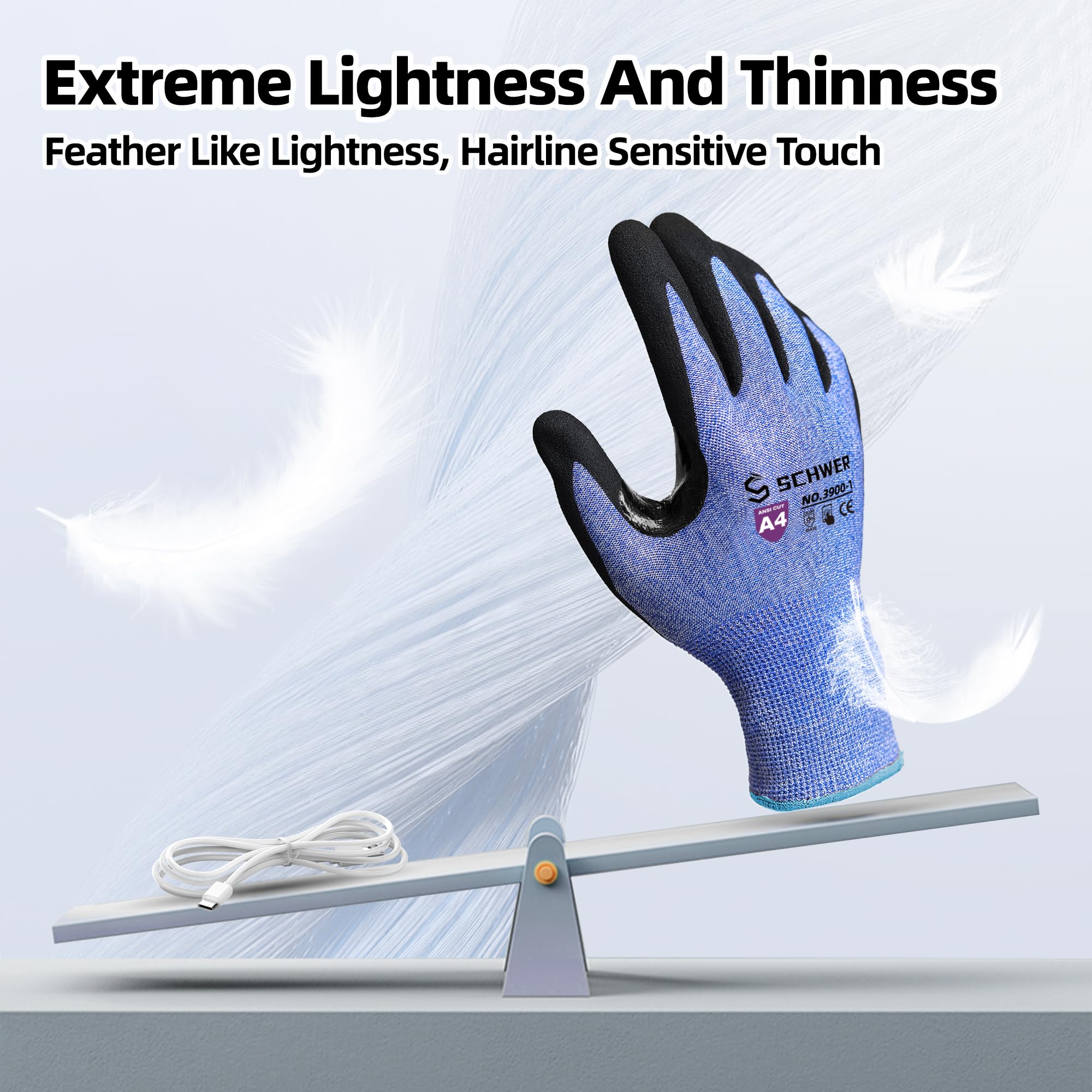 Schwer A4 AIR-SKIN Cut Resistant Work Gloves AR3900 with Extreme Lightweight & Thin, Grip Gloves for Fishing, Refined Work, Mechanic, Gardening, Touch-Screen, Non-PFAS, 3D-Comfort Fit, 1 Pair, L