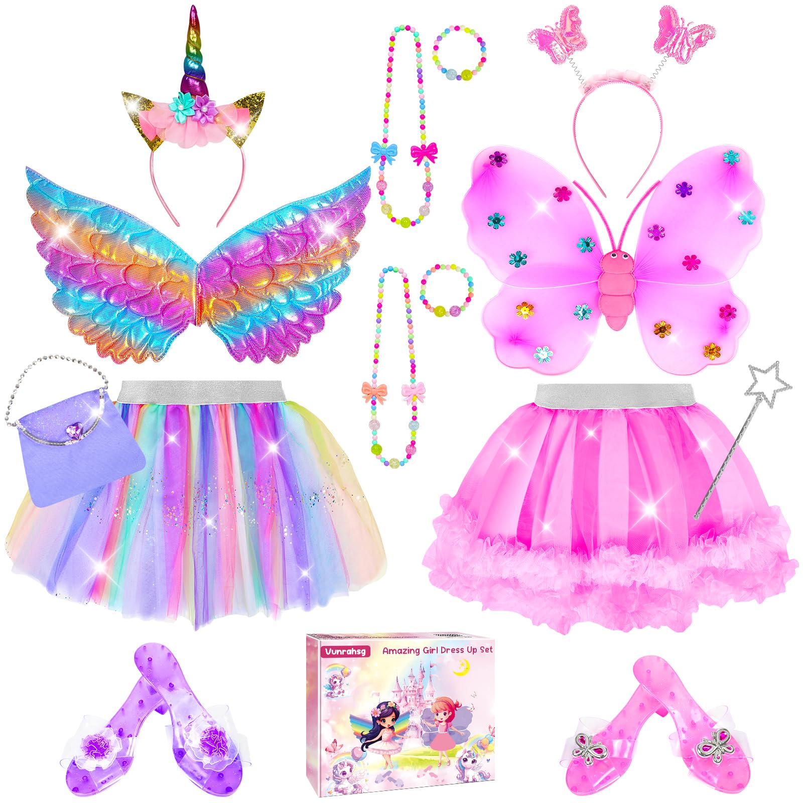 Princess Dress Up for Girls 4-6 With Tutu Shoes Jewelry Unicorn Headband Butterfly Wing Toddler Dress Up Clothes Pretend Play Fairy Costumes Set for Girls Christmas Birthday Gift 3 4 5 6 7 Girl Toys