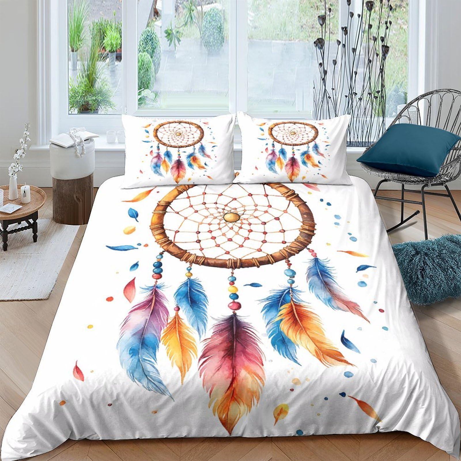 GPLZQXKJNH 3D Printed Dreamcatcher Duvet Cover Microfiber Soft Breathable Feather Bedding Set with 2 Pillowcases for Bedroom Decor Single（135x200cm）