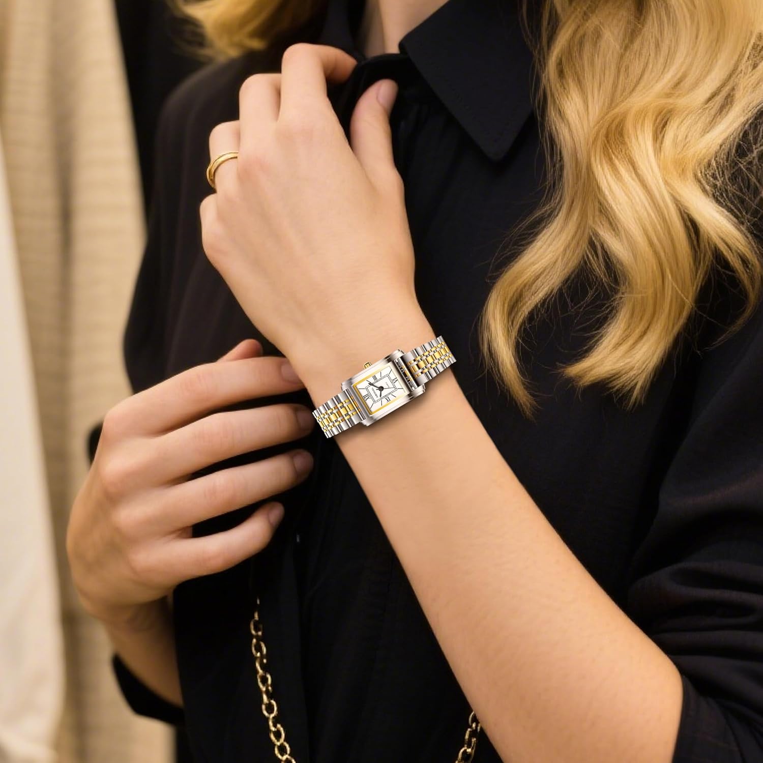 NBONAL Women's Vintage Rectangle Watch, Gold Stainless Steel Band, White Roman Dial, Small Size, Water Resistant