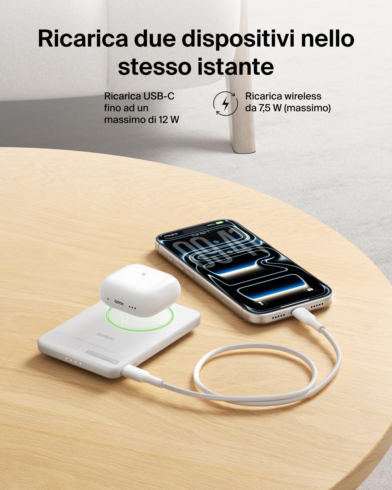 Belkin BoostCharge Power Bank Magnetico Sottile 5000mAh, Supporto - Bianco | Caricatore Portatile 5000mAh Wireless Qi2, Anello Magnetico, 1 USBC, Pre-Caricato, Leggero, Cavo Incluso, Sicuro per l'Aereo