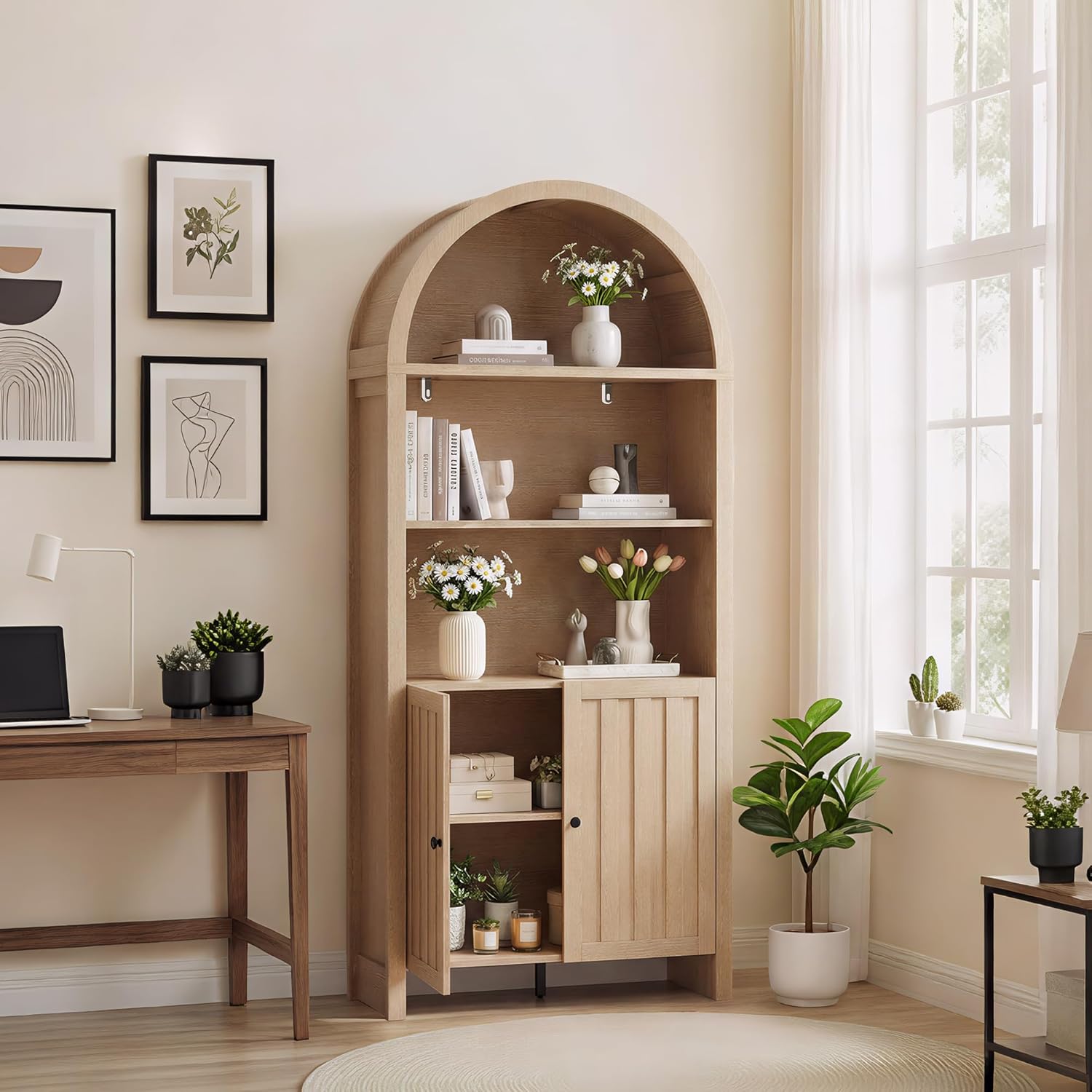 ChooChoo Arched Bookcase in a living room setting, showcasing its natural wood finish and storage capabilities.